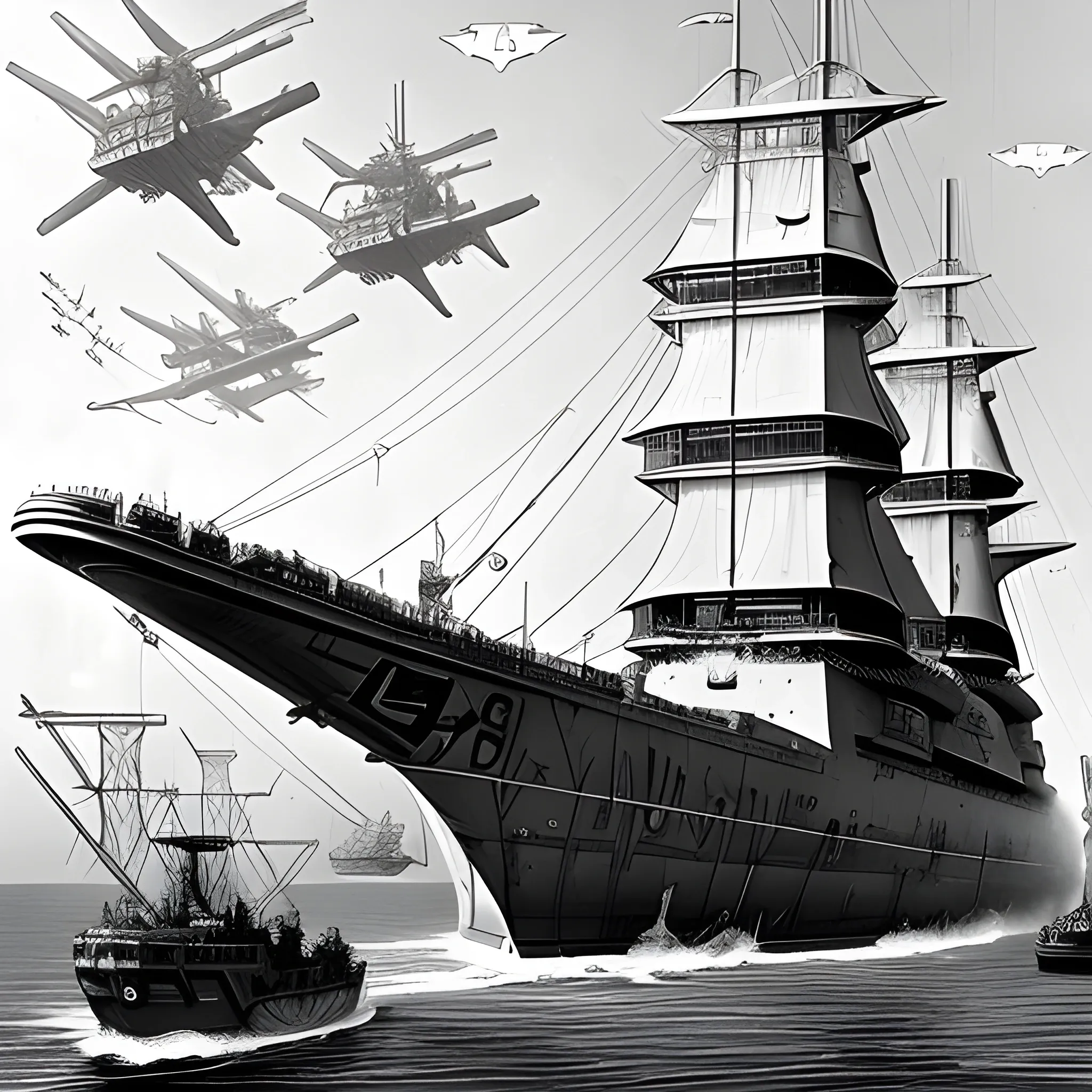 dieselpunk, collosal airship, in port, gun turrets, multiple gun platforms, brass hull, crewmen, turrets, steam stacks, crew on deck, deck view, biplanes guarding ship, people, crew, in combat, naval combat, broadside, Pencil Sketch