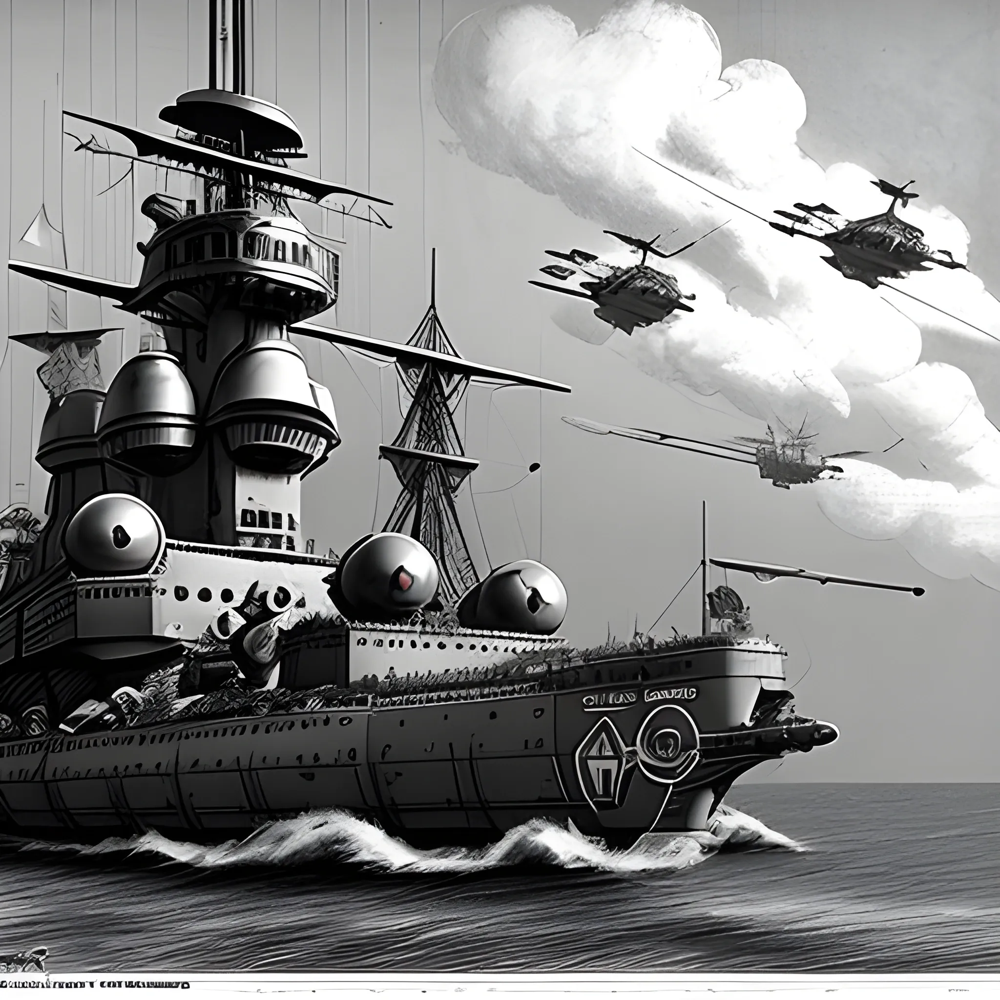 dieselpunk, collosal airship, in port, gun turrets, multiple gun platforms, brass hull, crewmen, turrets, steam stacks, crew on deck, deck view, biplanes guarding ship, people, crew, in combat, naval combat, broadside, Pencil Sketch