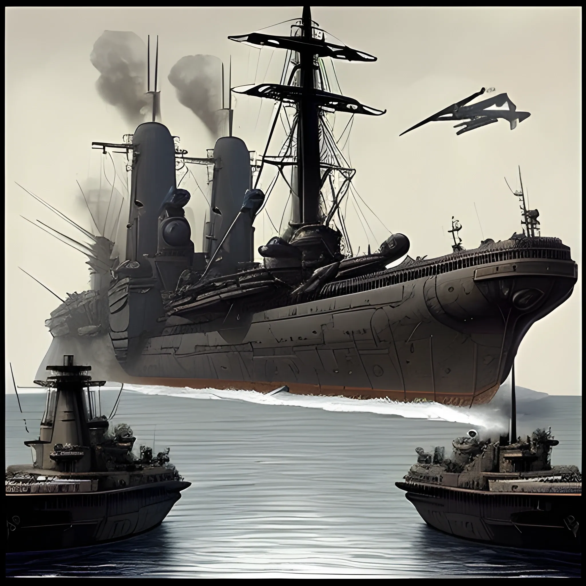 dieselpunk, collosal airship, in port, gun turrets, multiple gun platforms, brass hull, crewmen, turrets, steam stacks, crew on deck, deck view, biplanes guarding ship, people, crew, in combat, naval combat, broadside, Pencil Sketch