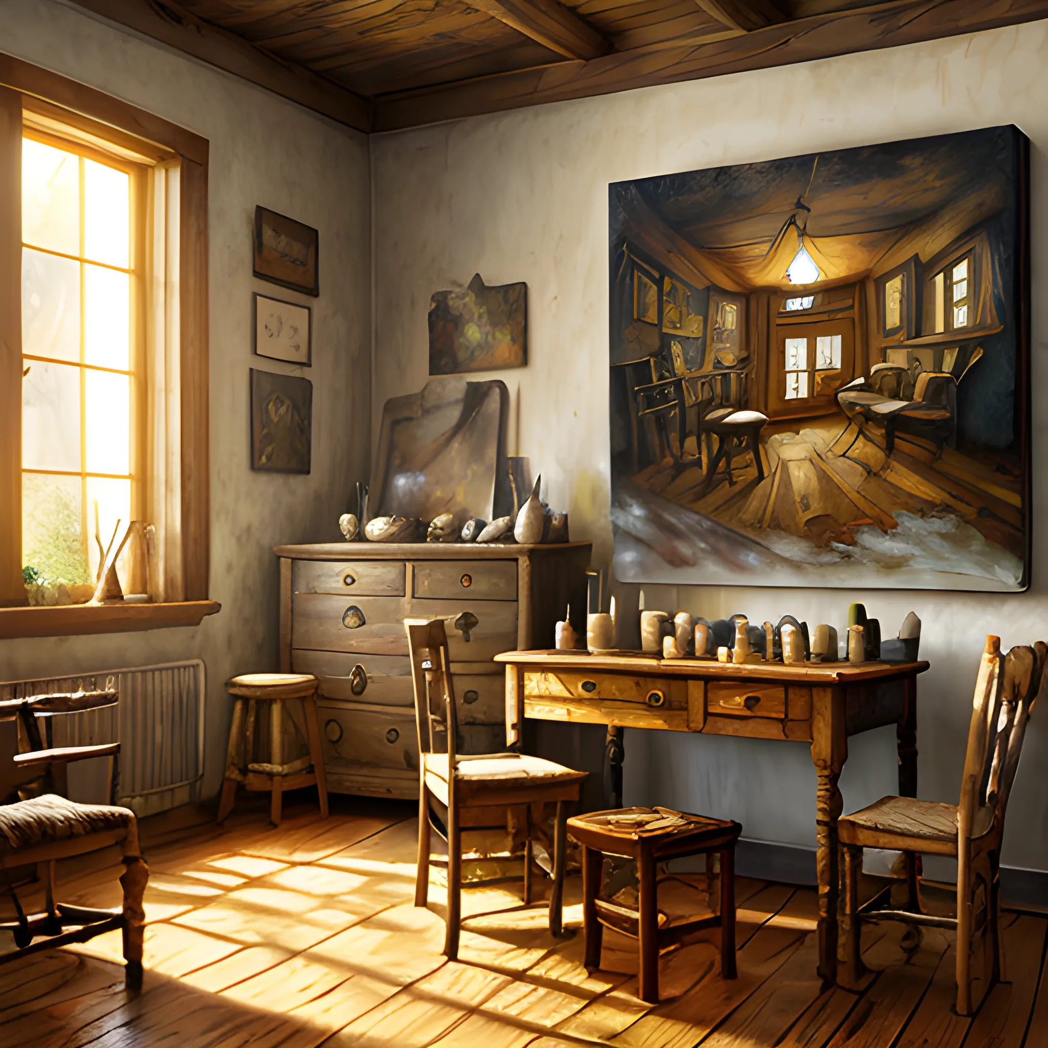 expressive rustic oil painting, interior view of a artist's studio, waxy candles, cabinets, wood furnishings, herbs hanging, wood chair, light bloom, dust, pintings all round, ambient occlusion, morning, rays of light coming through windows, dim lighting, brush strokes oil painting