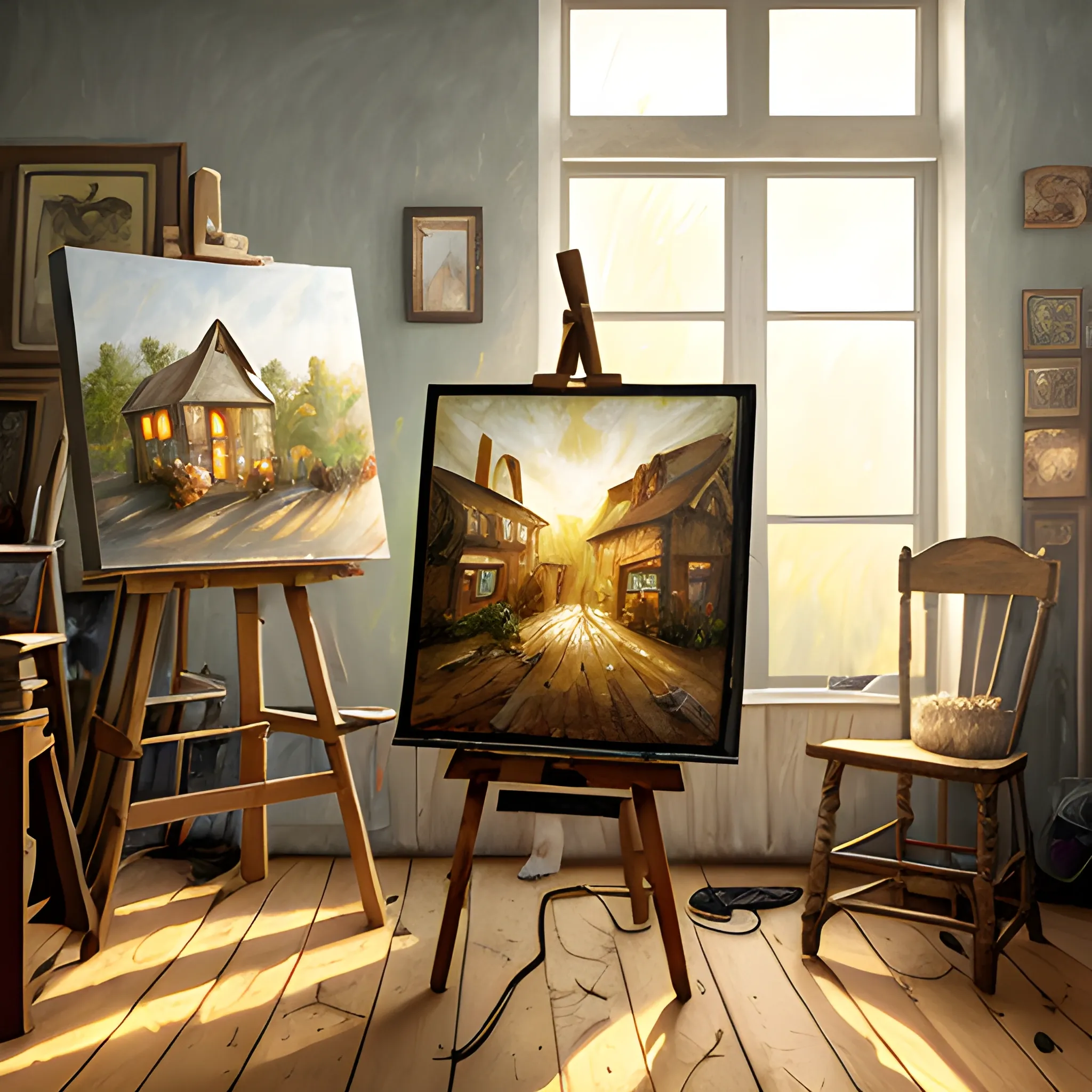expressive rustic oil painting, interior view of a artist's studio, easel with painting in progresswaxy candles, cabinets, wood furnishings, herbs hanging, wood chair, light bloom, dust, paintings all round the room, very crowded, 
, ambient occlusion, morning, rays of light coming through windows, dim lighting, brush strokes oil painting