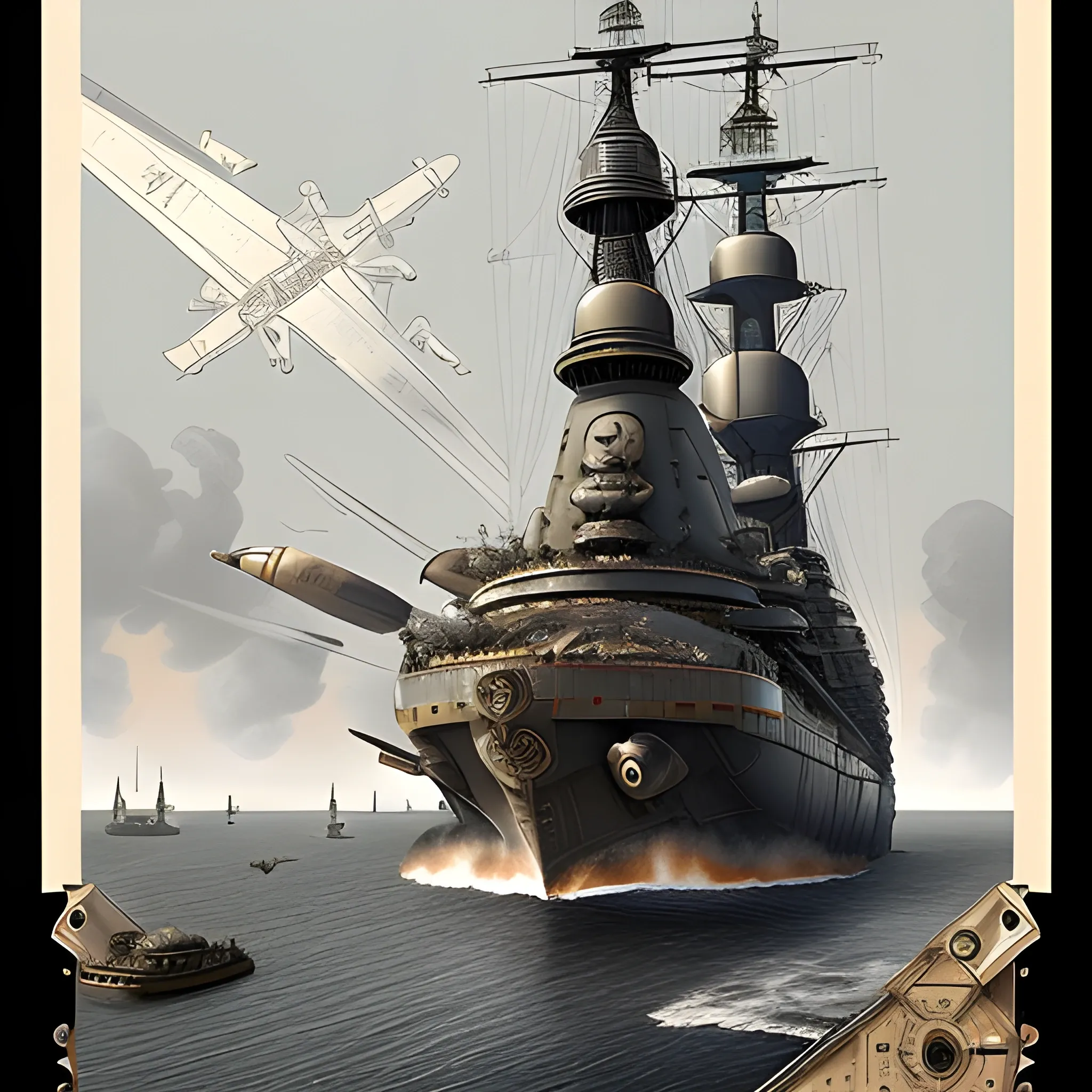 dieselpunk, collosal airship, in port, gun turrets, multiple gun platforms, brass hull, crewmen, turrets, steam stacks, crew on deck, deck view, biplanes guarding ship, people, crew, in combat, naval combat, broadside, Pencil Sketch