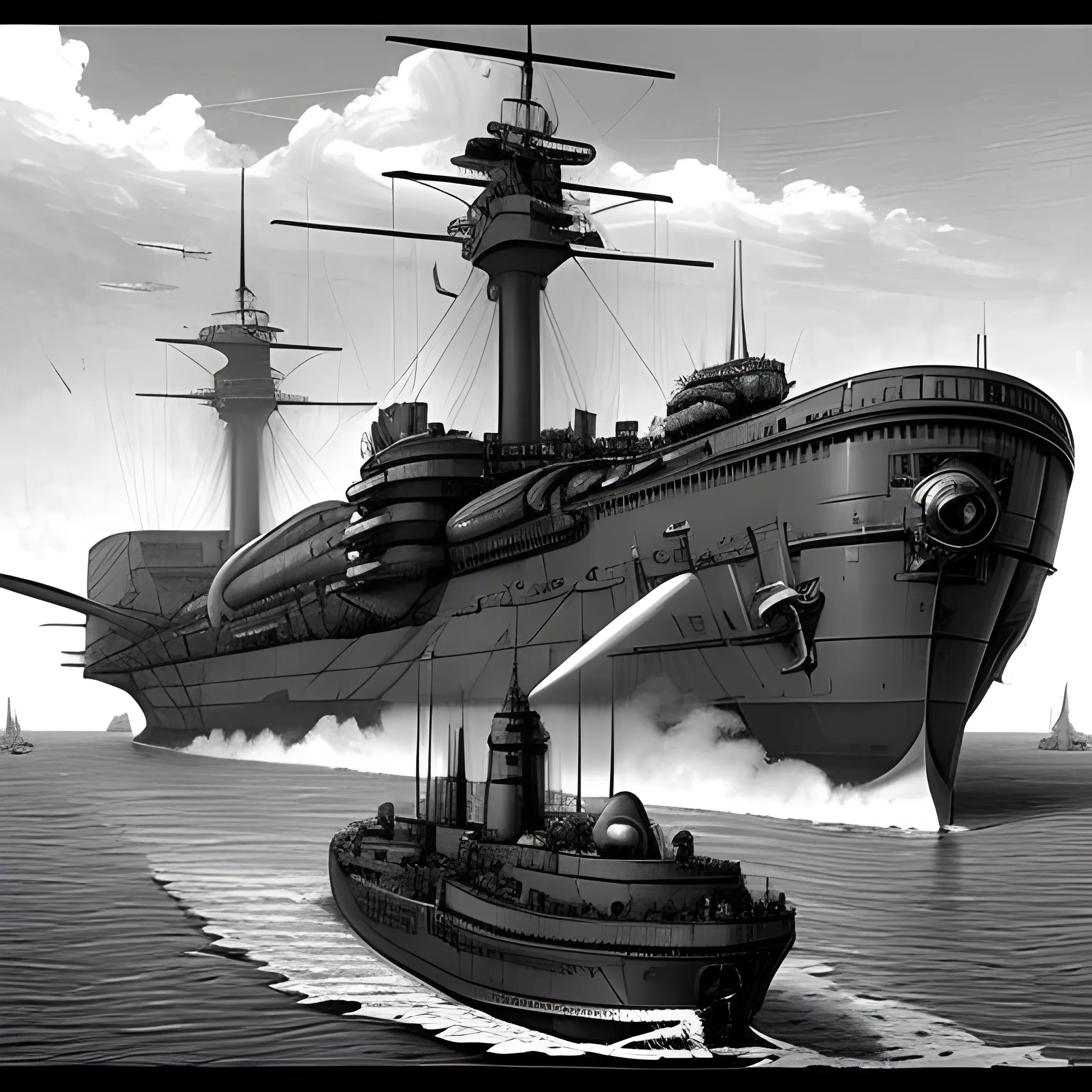 dieselpunk, collosal airship, in port, gun turrets, multiple gun platforms, brass hull, crewmen, turrets, steam stacks, crew on deck, deck view, biplanes guarding ship, people, crew, in combat, naval combat, broadside, Pencil Sketch