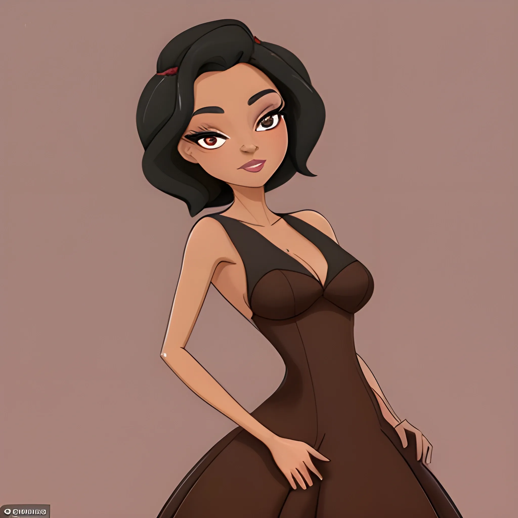 realiza una imagen de un humanoide (mujer bella) de piel marron con características de una zorra roja vestida de un traje negro muy sexi 
 , Cartoon