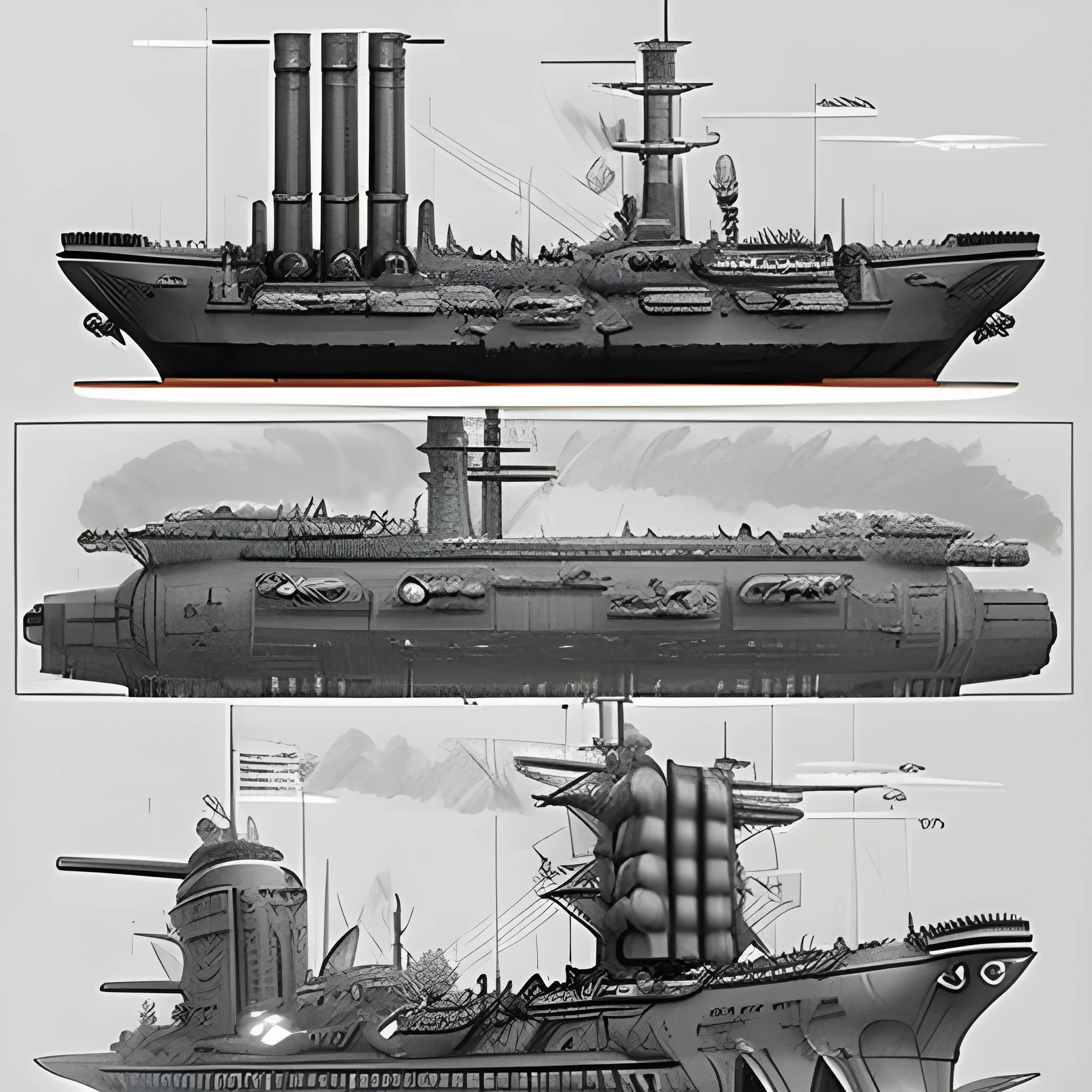 dieselpunk, collosal airship, in port, gun turrets, multiple gun platforms, brass hull, crewmen, turrets, steam stacks, crew on deck, deck view, biplanes guarding ship, people, crew, in combat, naval combat, broadside, Pencil Sketch