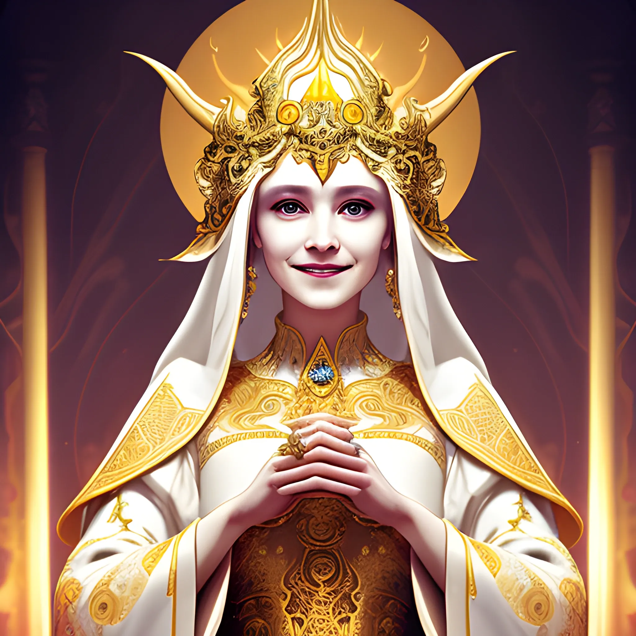 A female high priestess, wearing ornate white and golden gowns ...