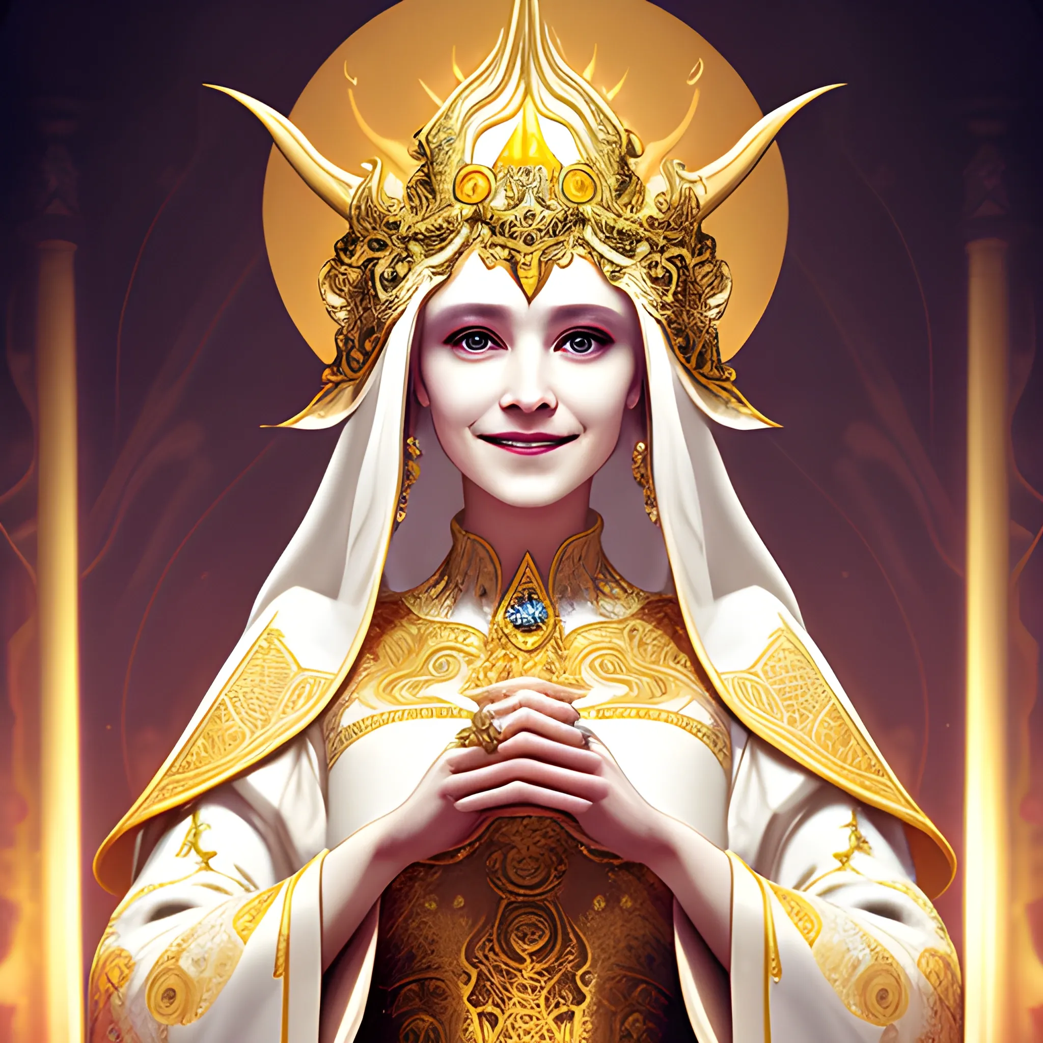 A female high priestess, wearing ornate white and golden gowns, an innocent smile but an evil look in her eye.