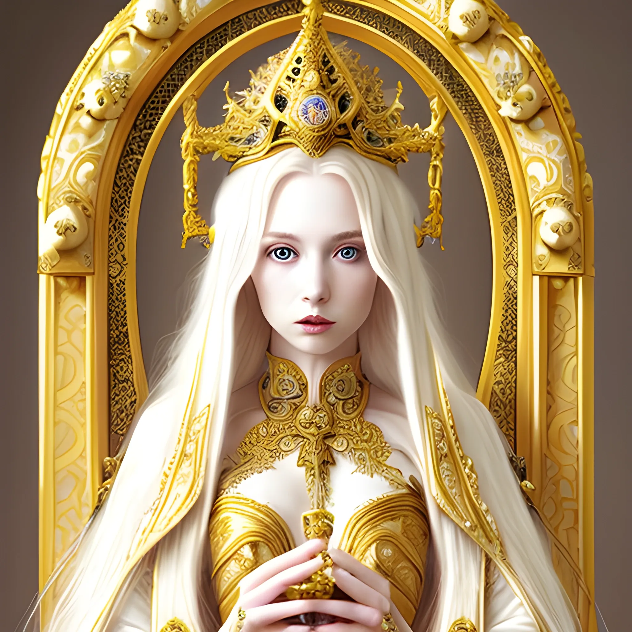 A beautiful female high priestess with long, pale blonde hair, wearing ornate white and golden gowns.