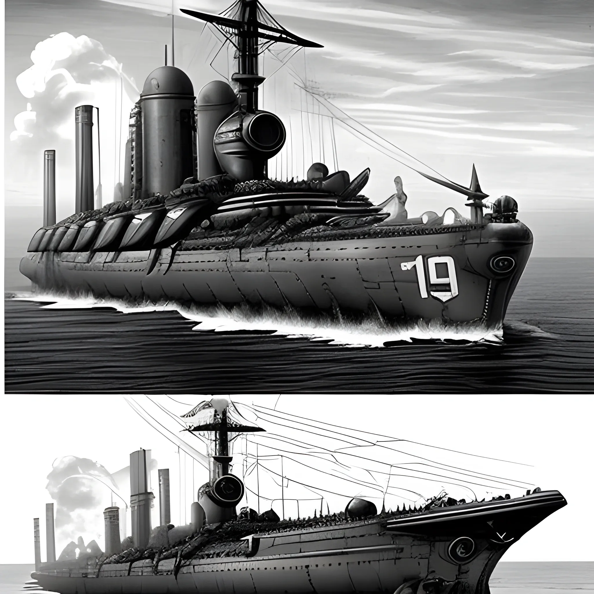 dieselpunk, collosal airship, in port, gun turrets, multiple gun platforms, brass hull, crewmen, turrets, steam stacks, crew on deck, deck view, biplanes guarding ship, people, crew, in combat, naval combat, broadside, Pencil Sketch