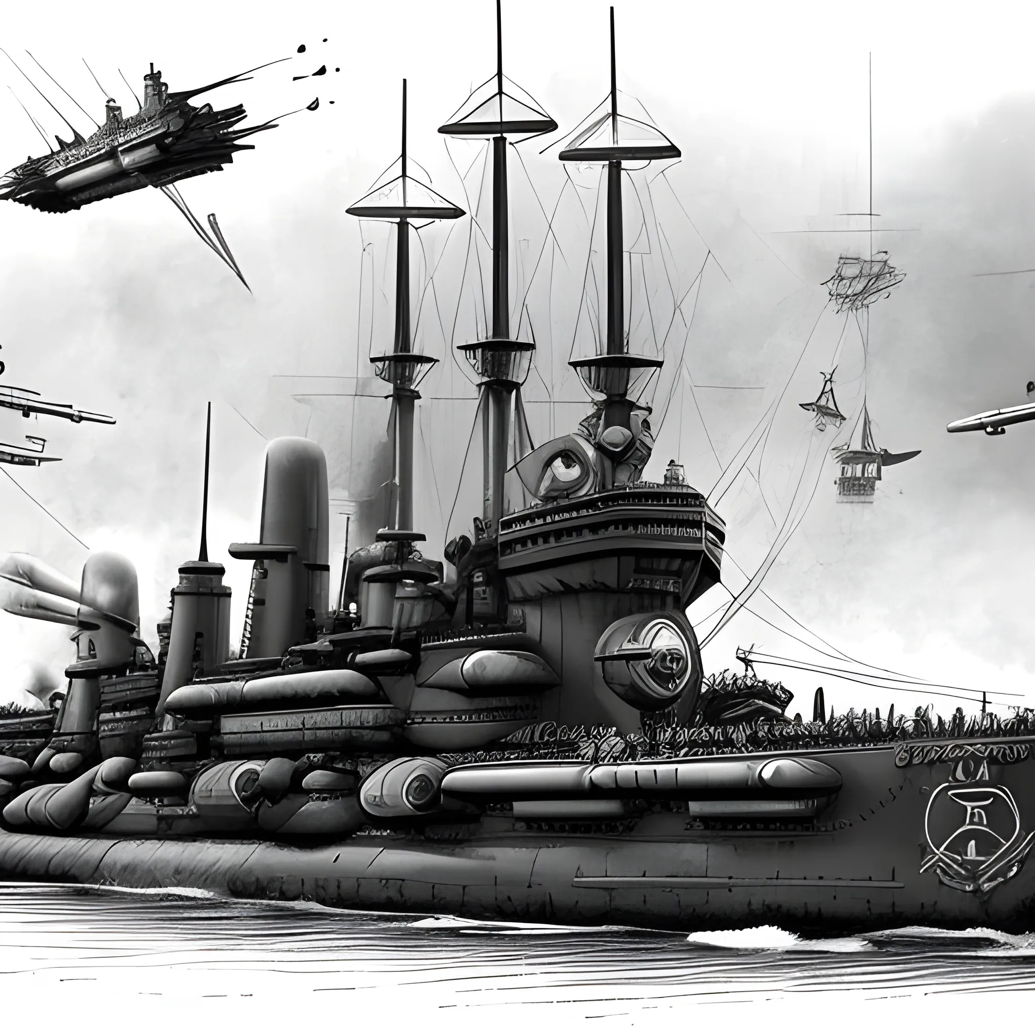 dieselpunk, collosal airship, in port, gun turrets, multiple gun platforms, brass hull, crewmen, turrets, steam stacks, crew on deck, deck view, biplanes guarding ship, people, crew, in combat, naval combat, broadside, Pencil Sketch