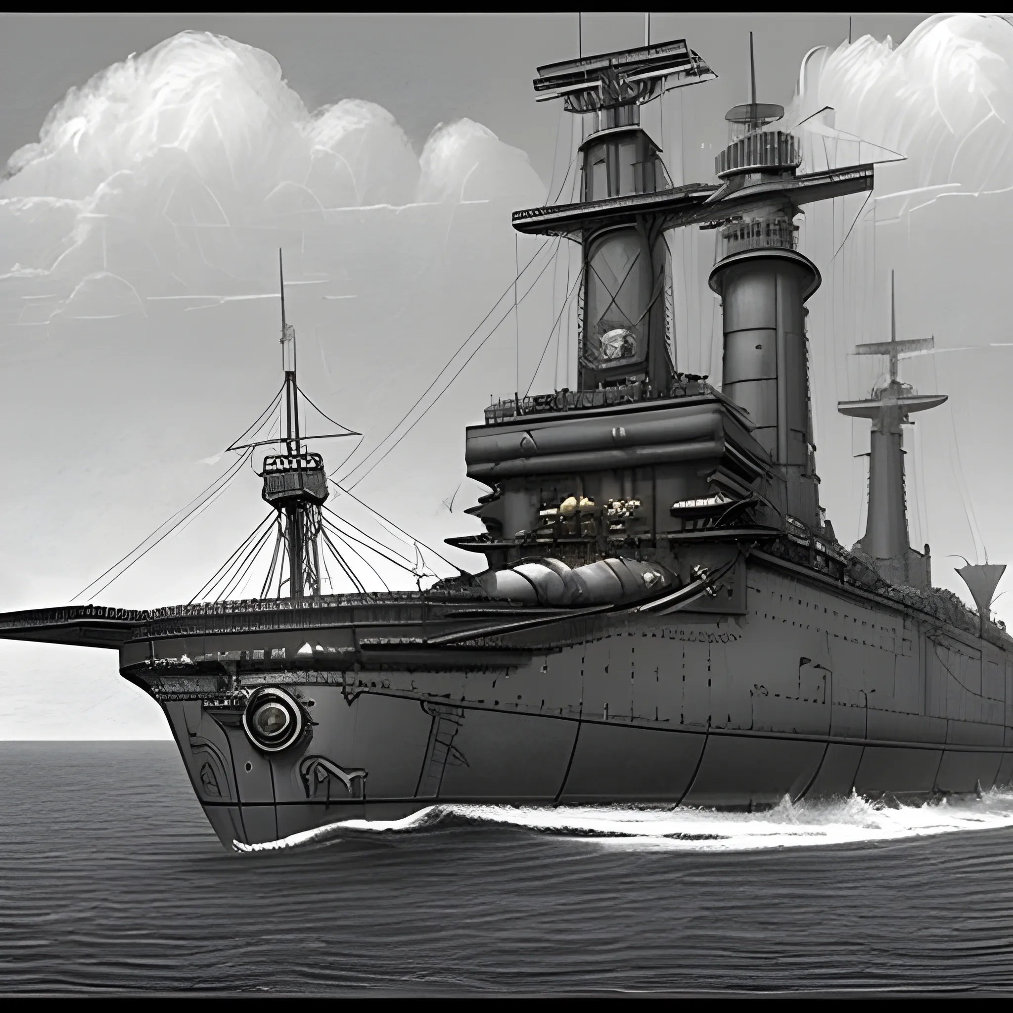 dieselpunk, collosal airship, in port, gun turrets, multiple gun platforms, brass hull, crewmen, turrets, steam stacks, crew on deck, deck view, biplanes guarding ship, people, crew, in combat, naval combat, broadside, Pencil Sketch