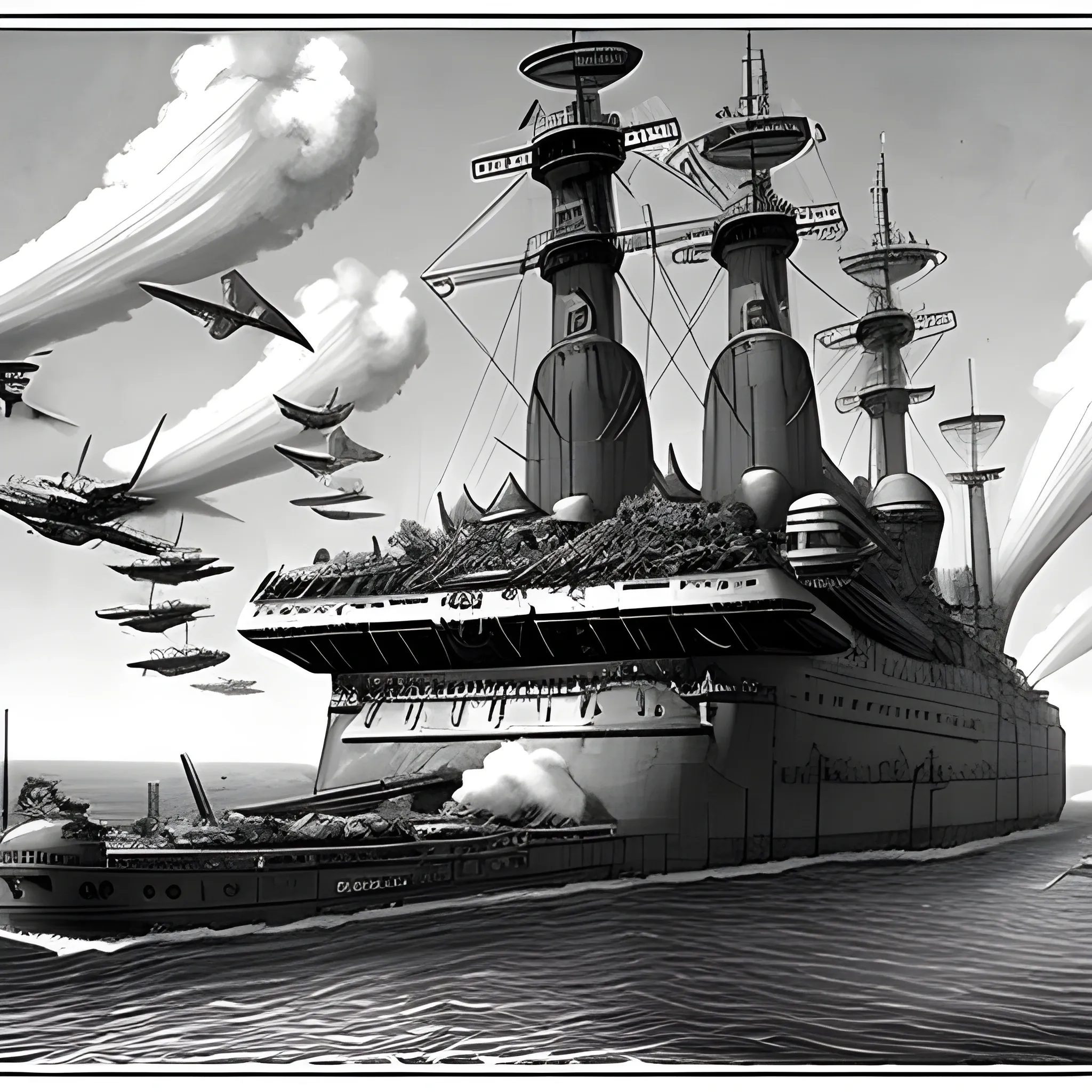 dieselpunk, collosal airship, in port, gun turrets, multiple gun platforms, brass hull, crewmen, turrets, steam stacks, crew on deck, deck view, biplanes guarding ship, people, crew, in combat, naval combat, broadside, Pencil Sketch