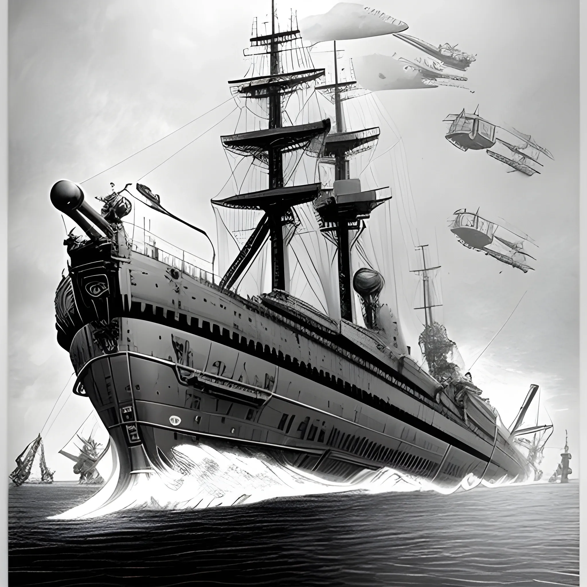 dieselpunk, collosal airship, in port, gun turrets, multiple gun platforms, brass hull, crewmen, turrets, steam stacks, crew on deck, deck view, biplanes guarding ship, people, crew, in combat, naval combat, broadside, Pencil Sketch