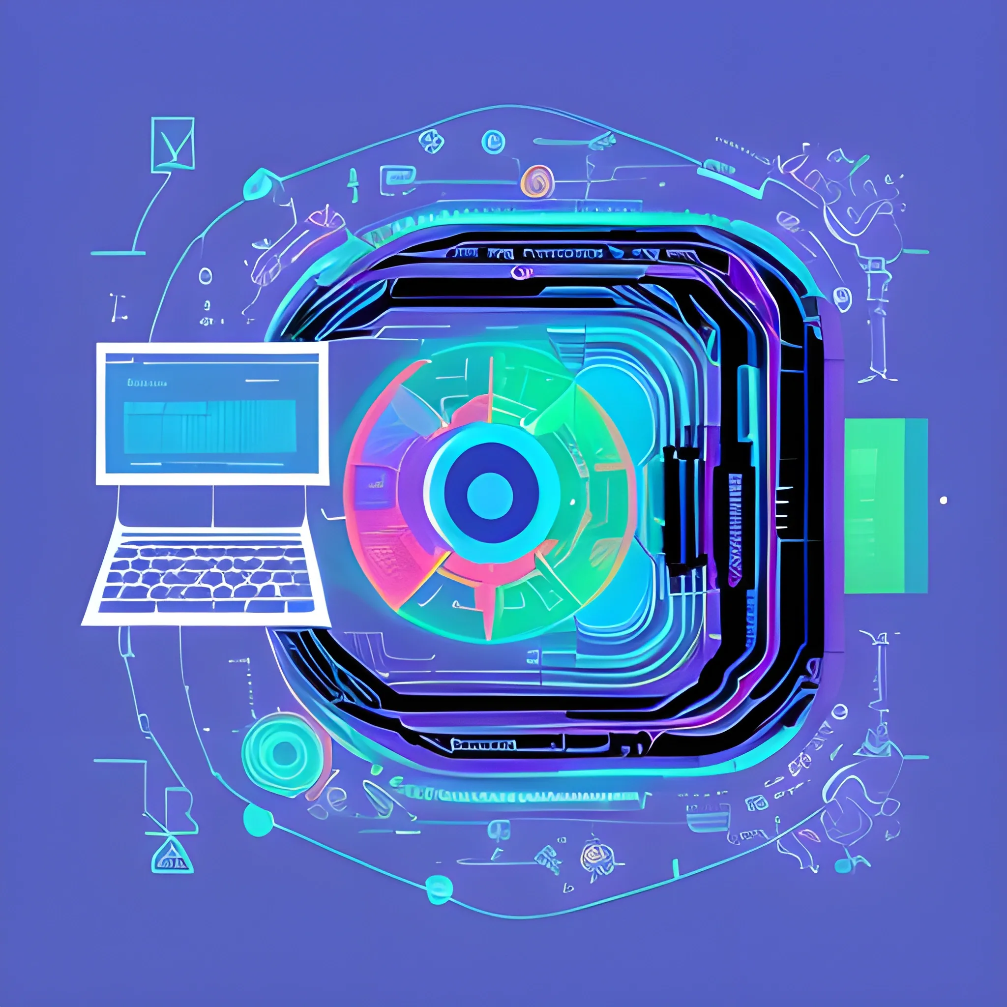 Generate a corporative, future, colorful, modern image, trippy, related to digital products, do not use machines or txt and use really environment, with this concept: “The Encounter Between AI and Design System”