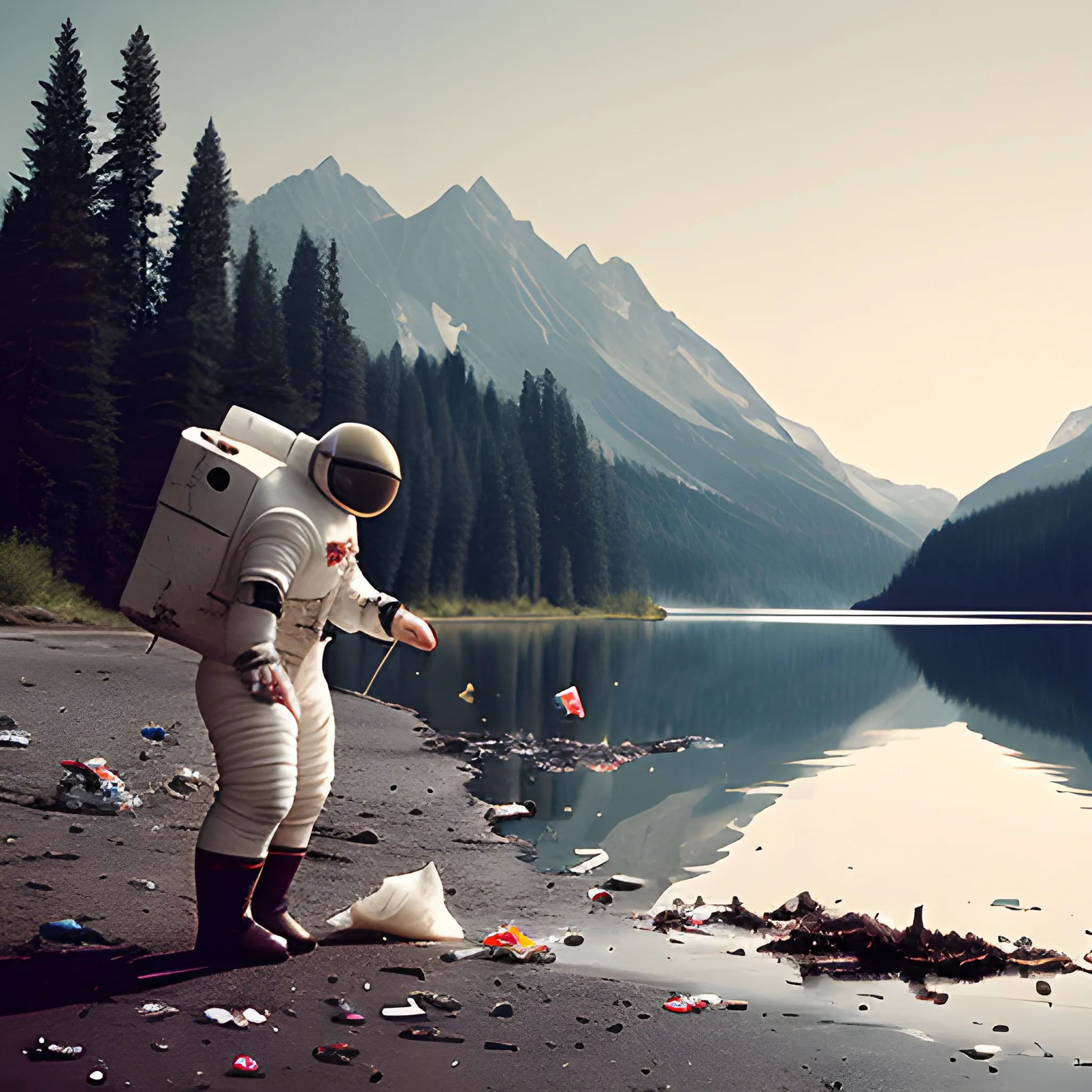 astronaut collecting trash on the shore of a lake