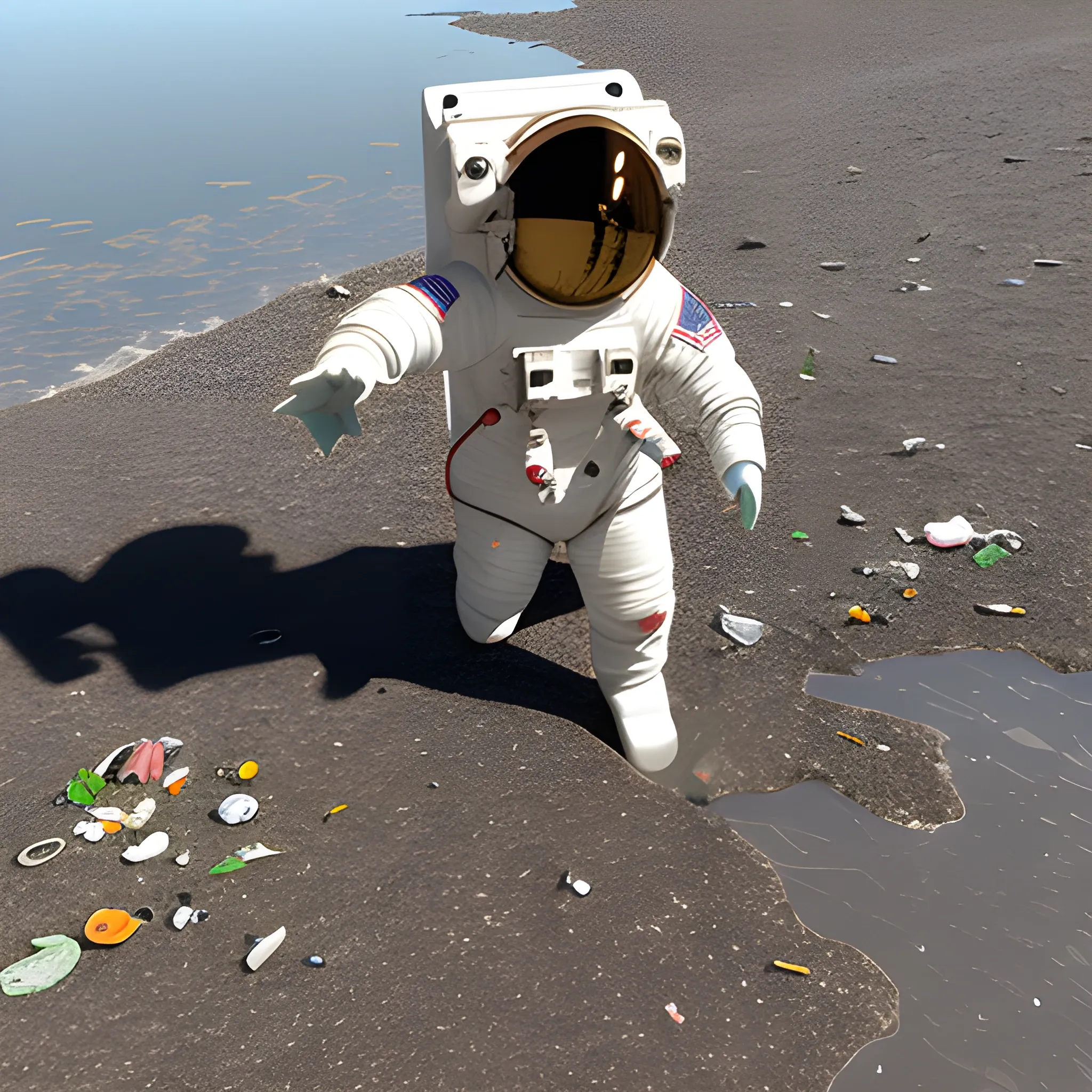 astronaut collecting trash on the shore of a lake, 3D