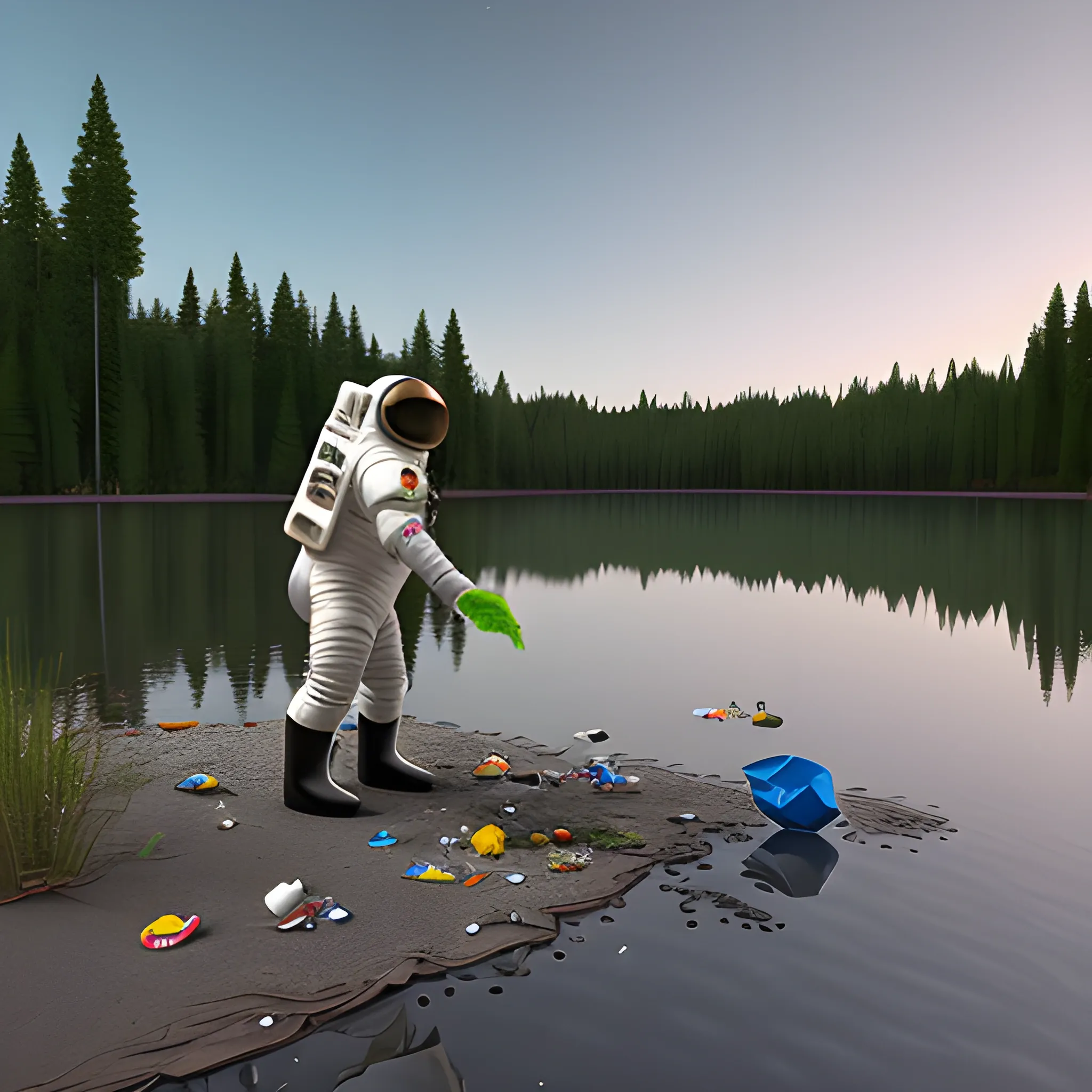 astronaut collecting trash on the shore of a lake, 3D, 3D