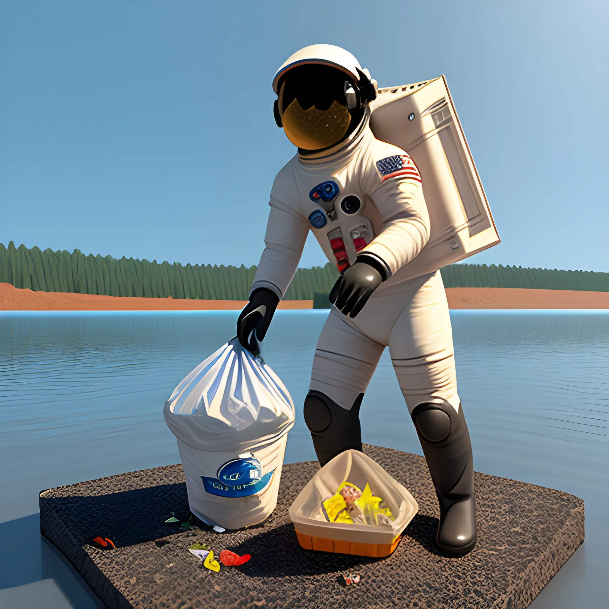 astronaut collecting trash on the shore of a lake, 3D, 3D, Cartoon