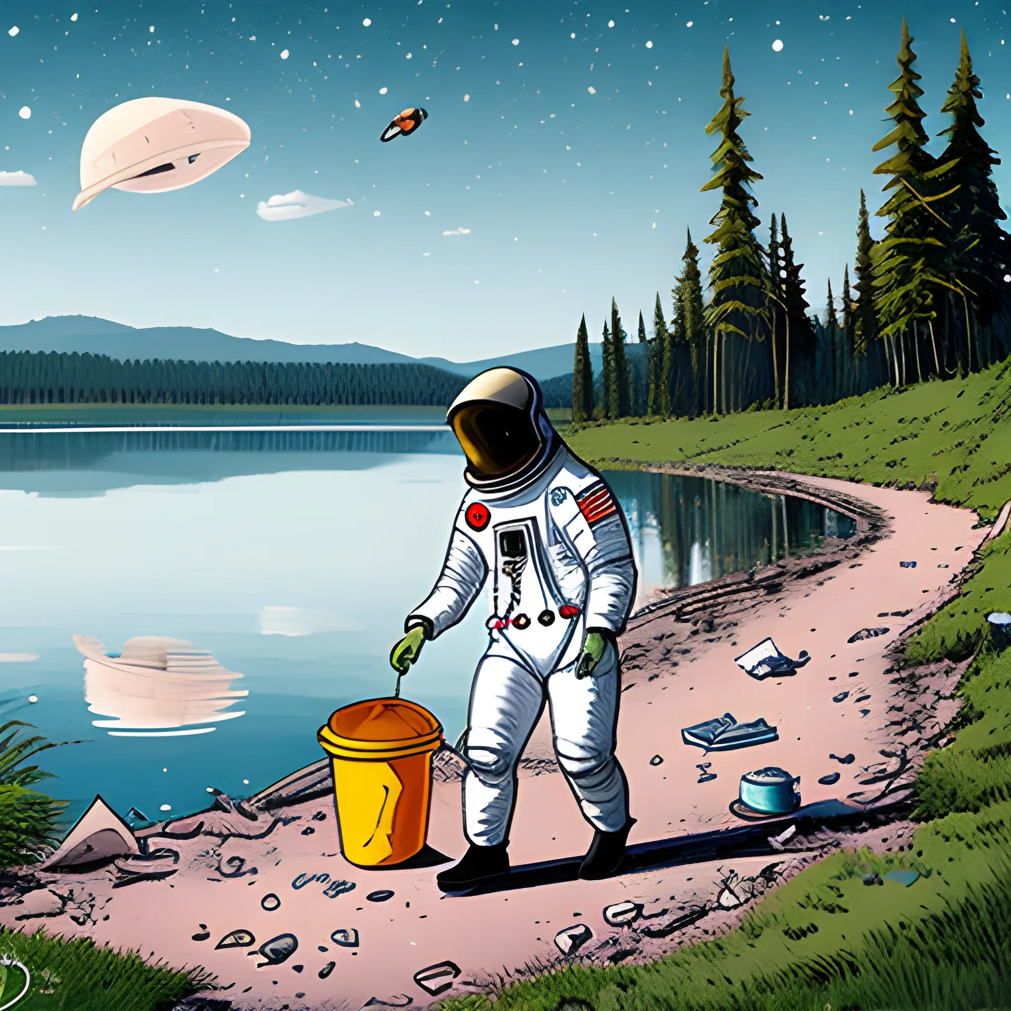 astronaut collecting trash on the shore of a lake, Cartoon