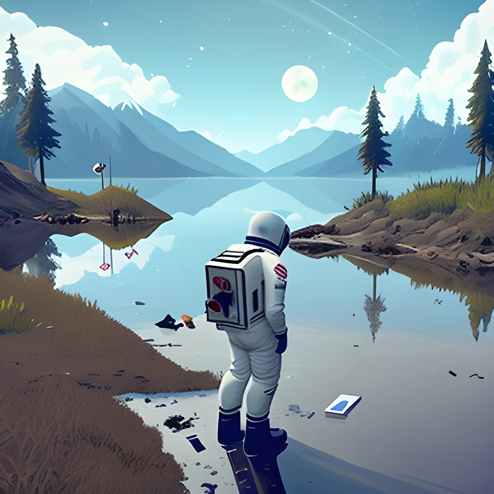 astronaut collecting trash on the shore of a lake, videogame style