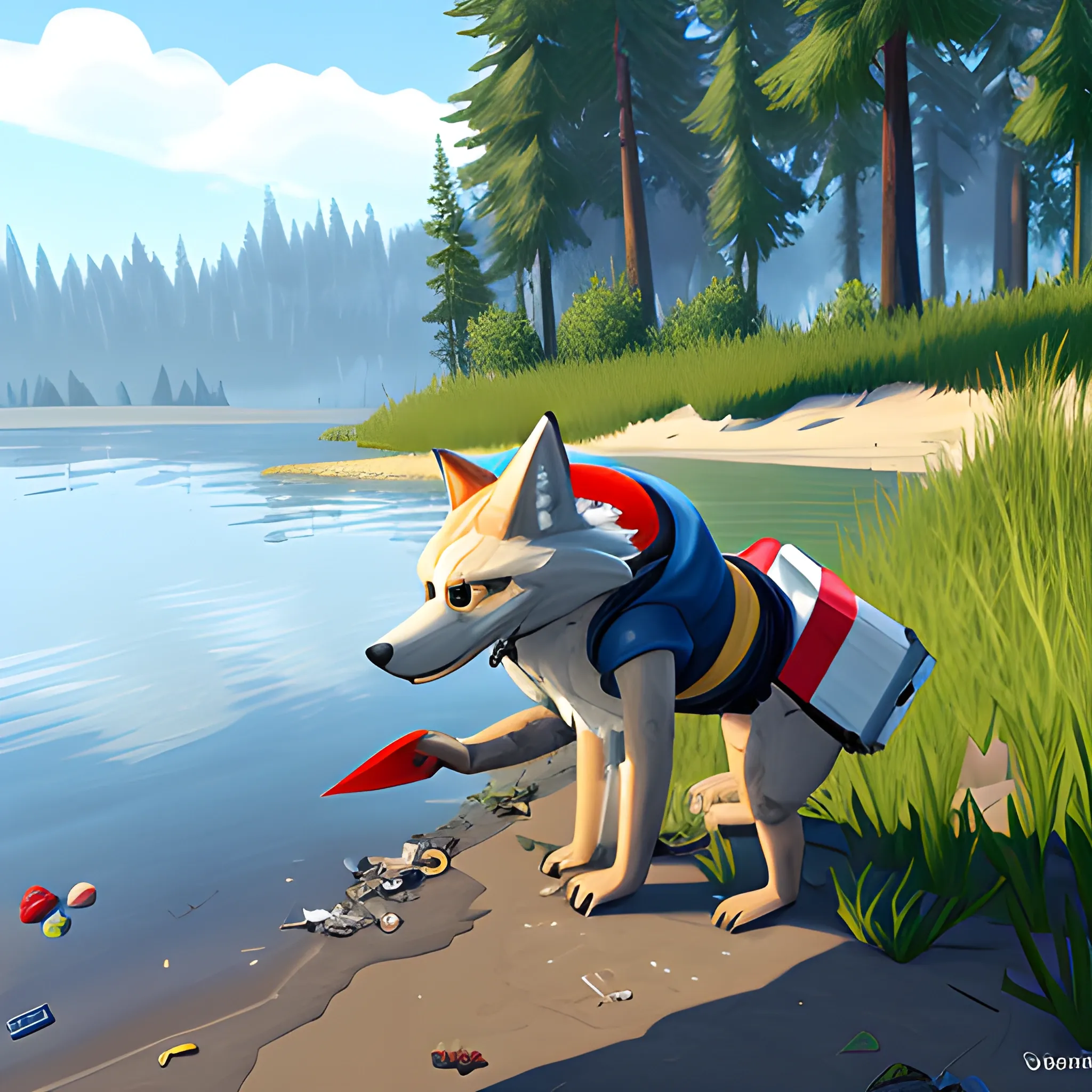 furry collecting trash on the shore of a lake, videogame style