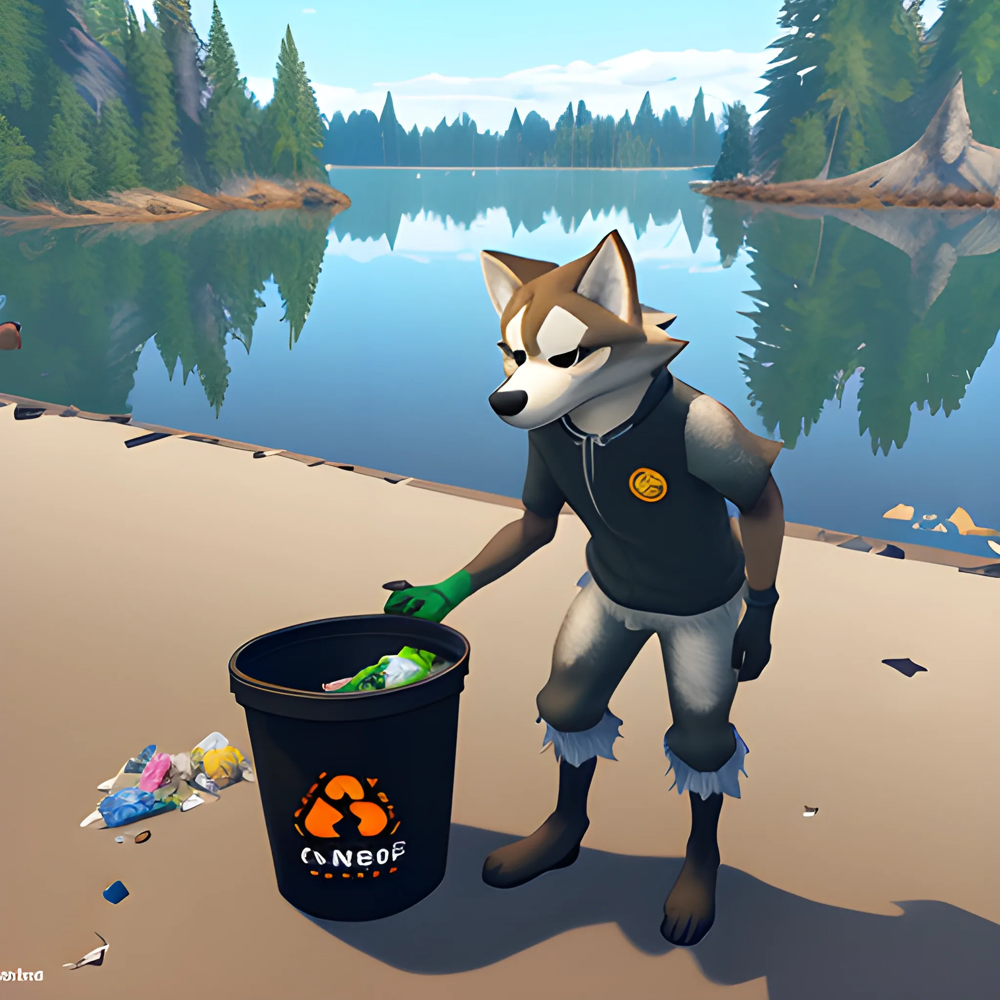 furry collecting trash on the shore of a lake, videogame style