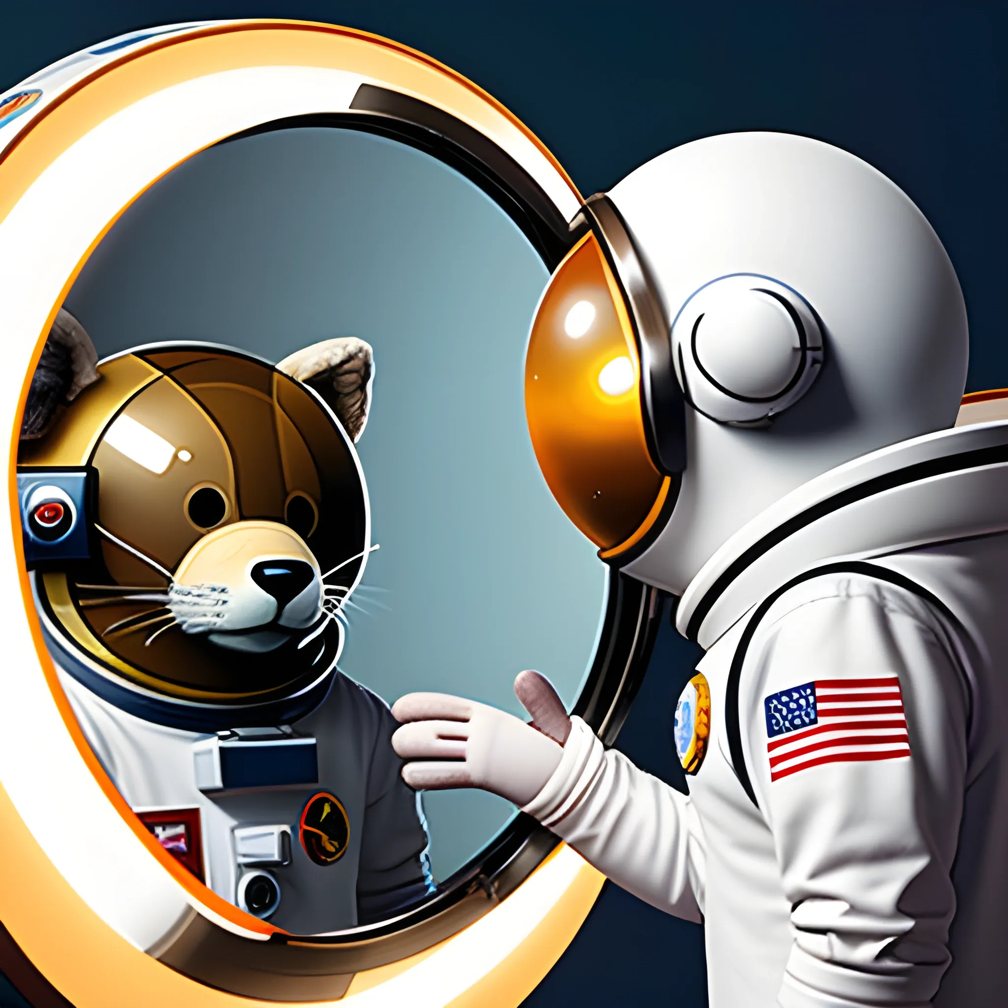 furry and astronaut watching a mirror, videogame style