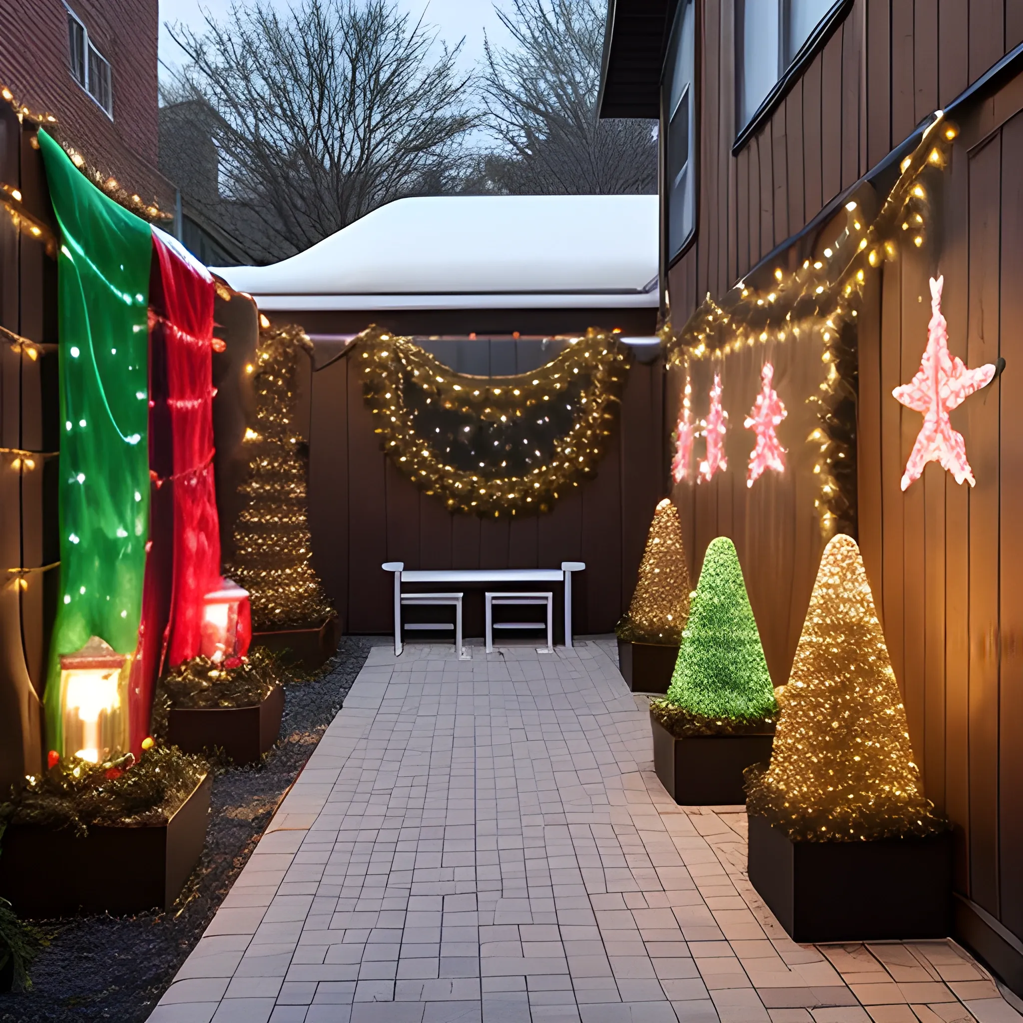 Liminal space yard with christmas decorations