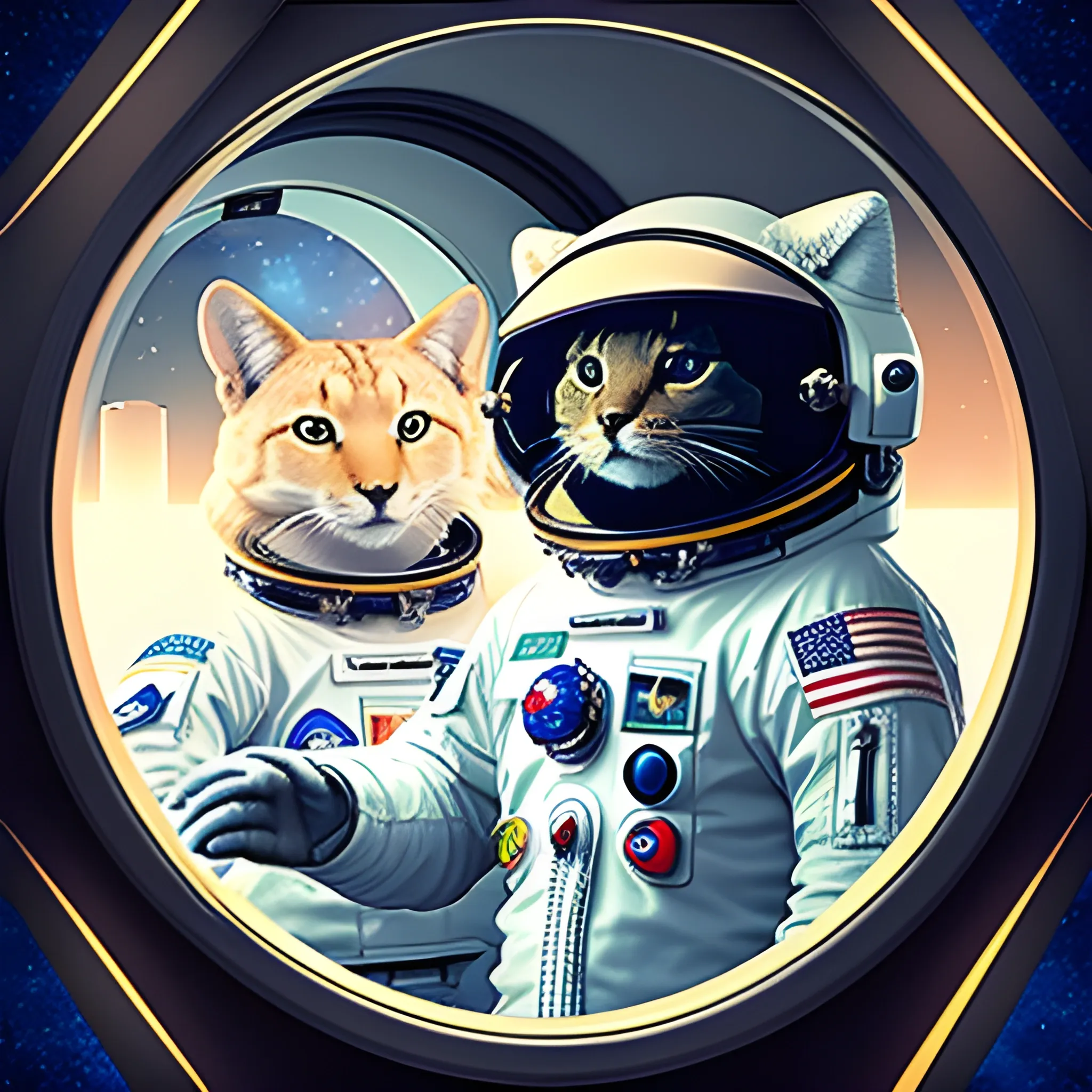 furry next to an astronaut watching a mirror, videogame style