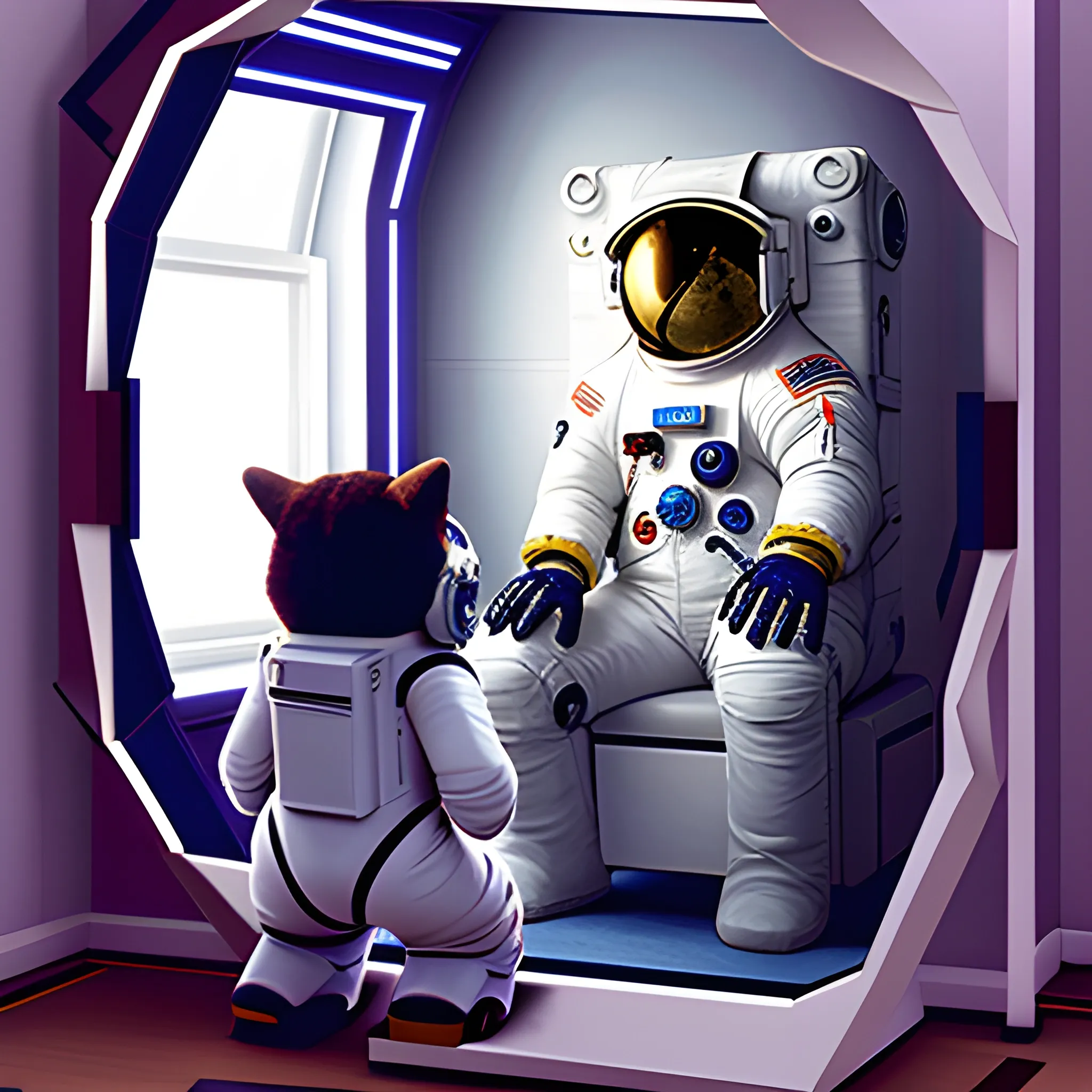 astronaut next to an furry watching a mirror, videogame style