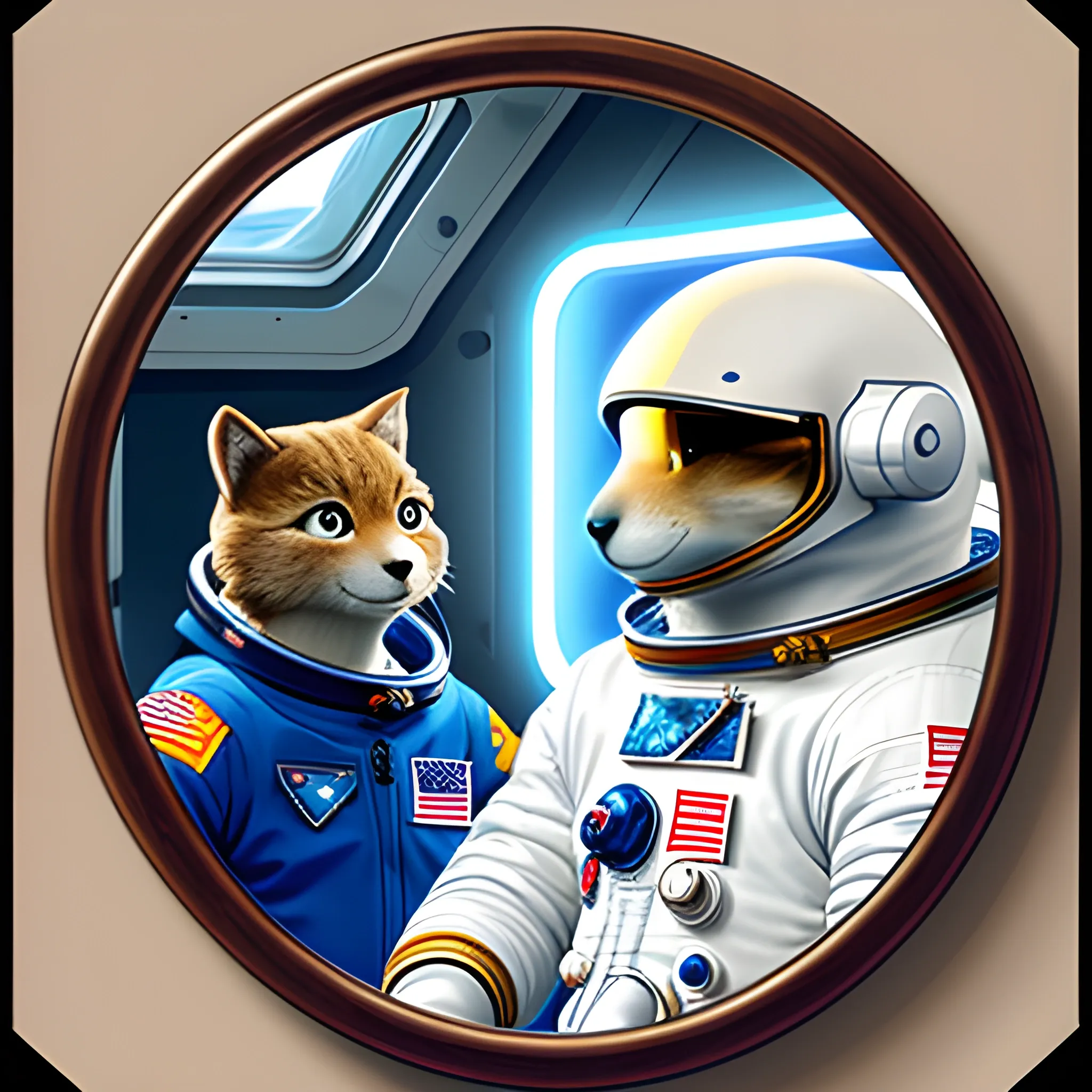 astronaut next to an furry looking in a mirror, videogame style