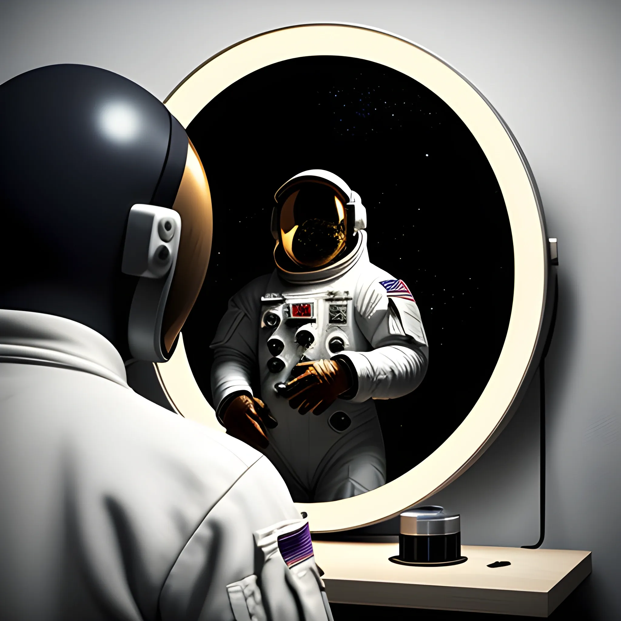 astronaut looking in the mirror very sad, next to the mirror a demon, videogame style