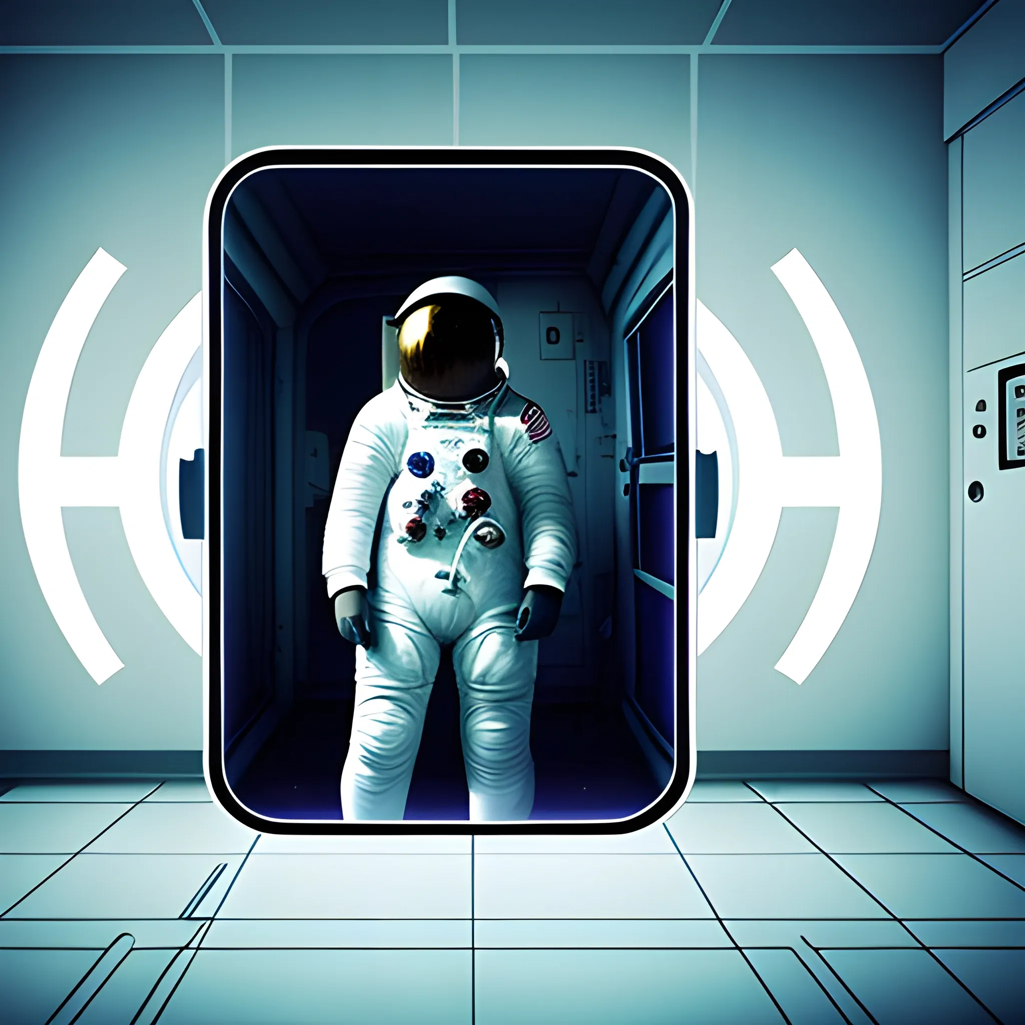 astronaut in a room looking in the mirror very sad, videogame style