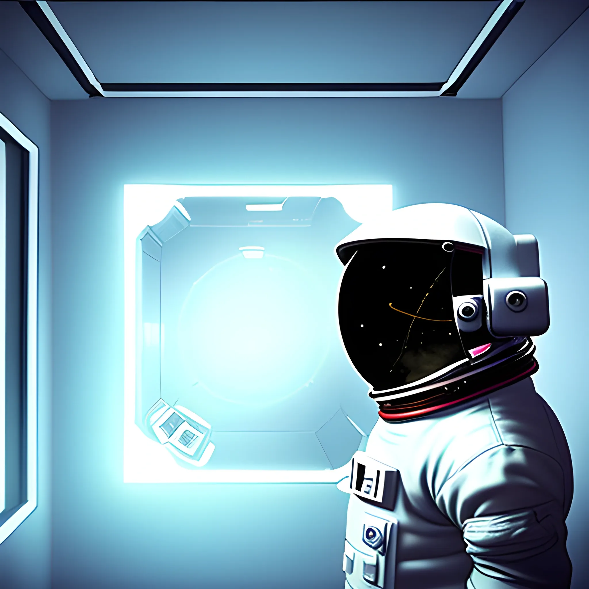 astronaut in a room looking in the mirror very sad, videogame style