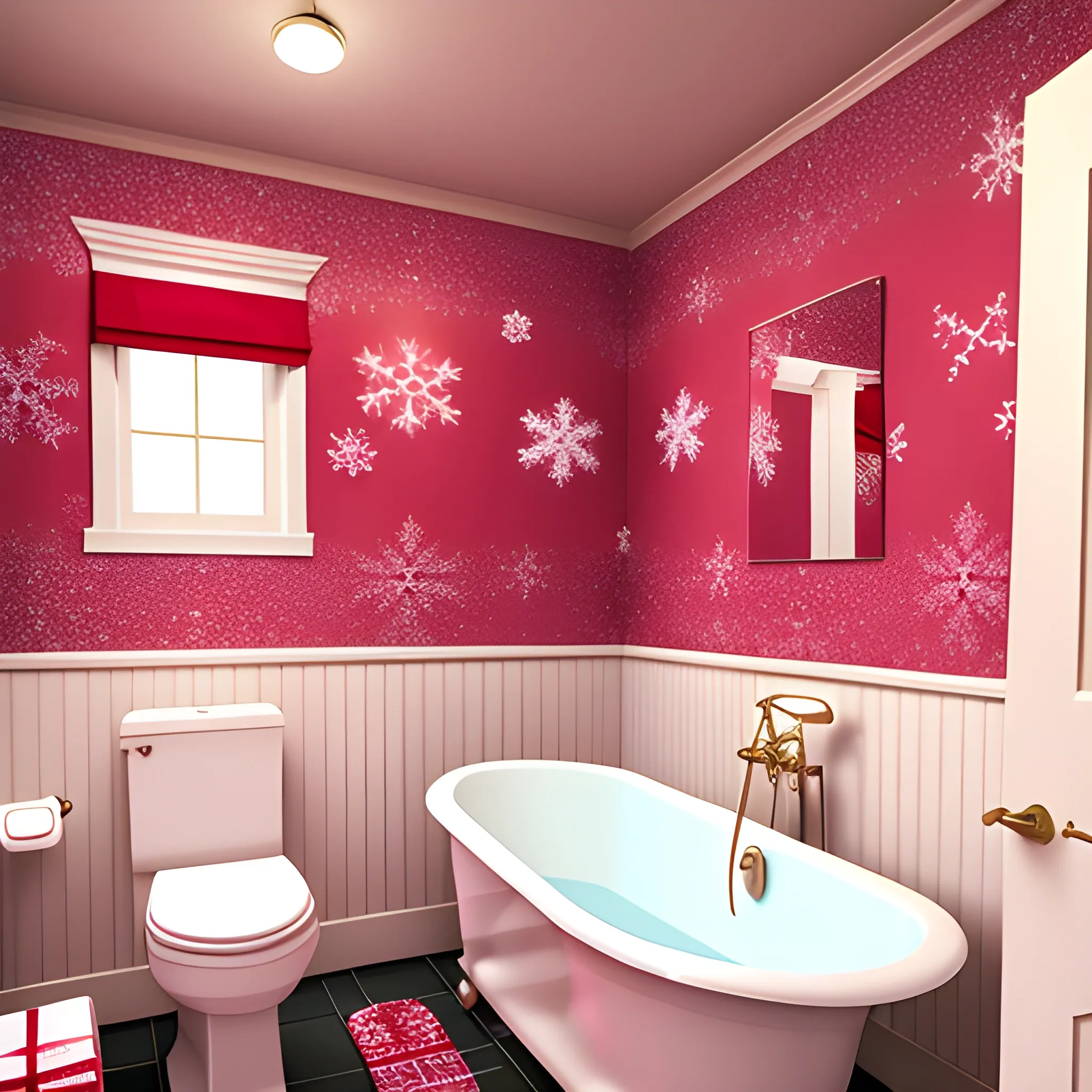 Liminal space tilted pink bathroom with christmas decorations
