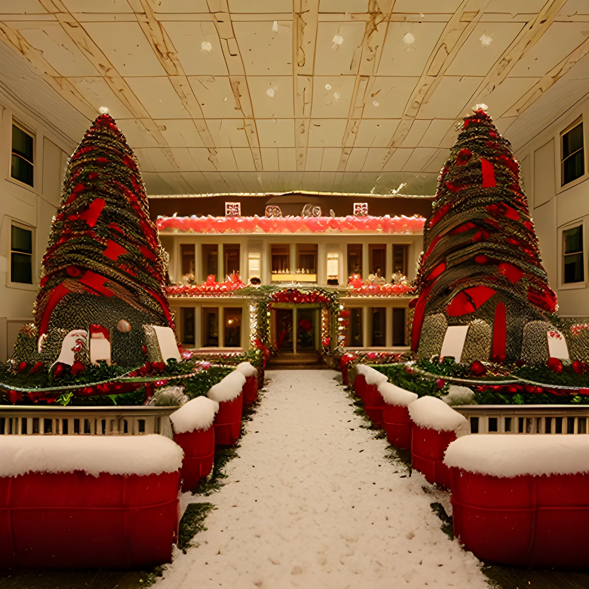 Liminal space overlook hotel with christmas decorations