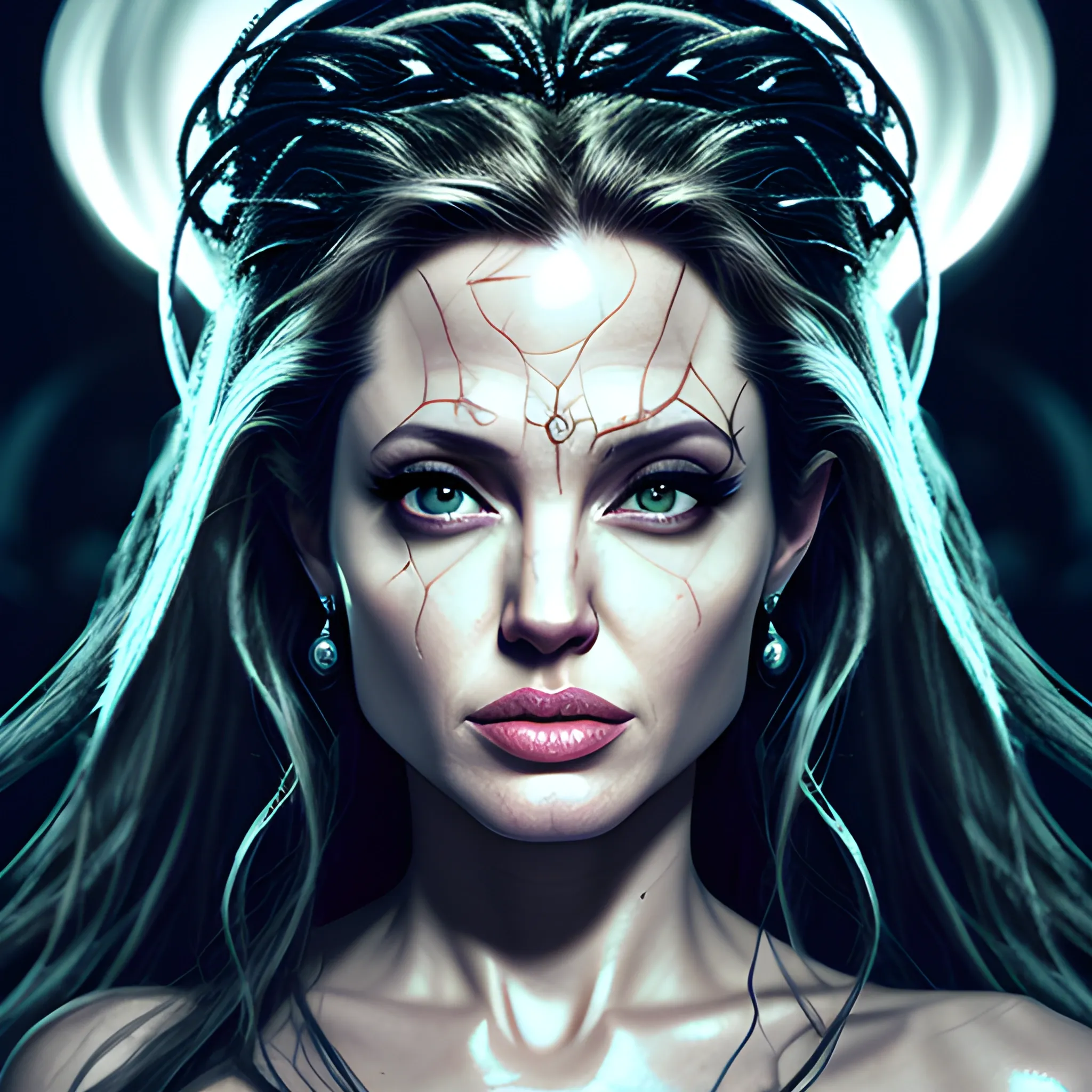 photo of angelina jolie as medusa,  hyper detailed, 8k, sparkling eyes, dark aesthetic