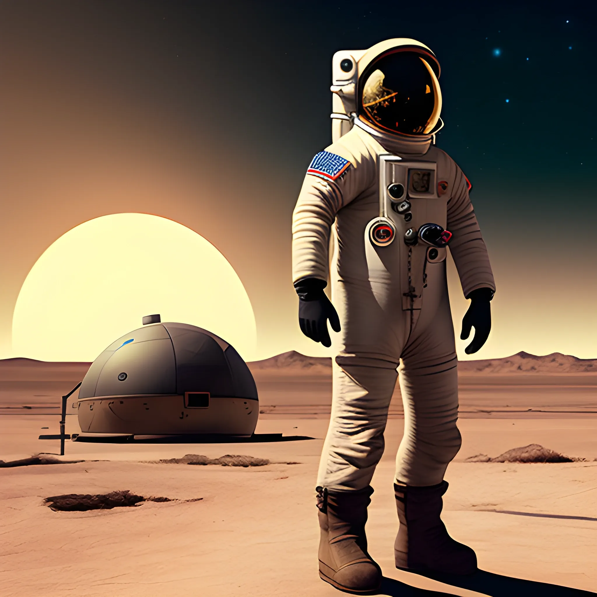 astronaut in a lonely desert post-apocalyptic, videogame style