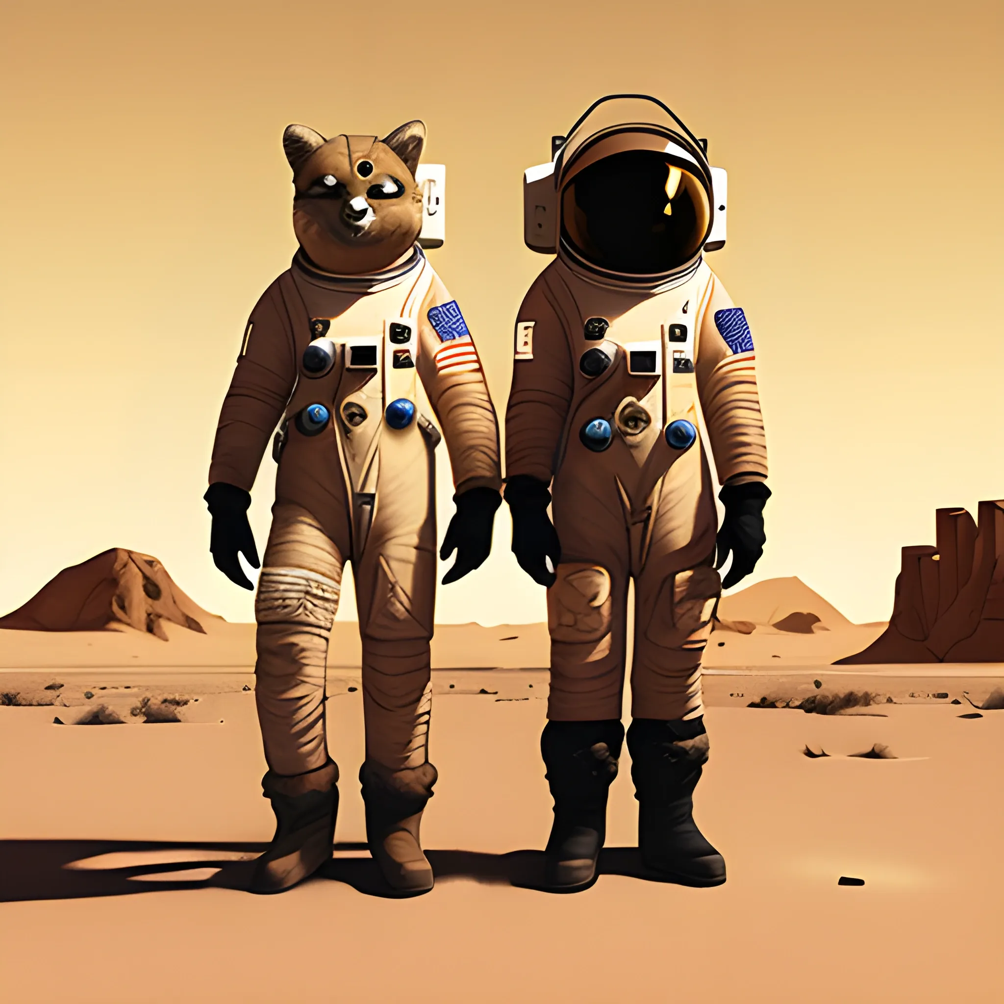 astronaut and furry in a lonely desert post-apocalyptic, videogame style