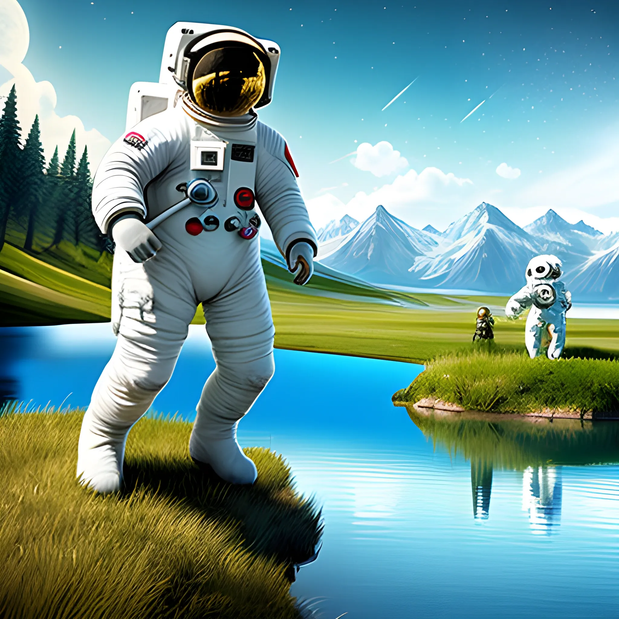 astronaut and furry happy in a nice landscape with a lake in the background, videogame style