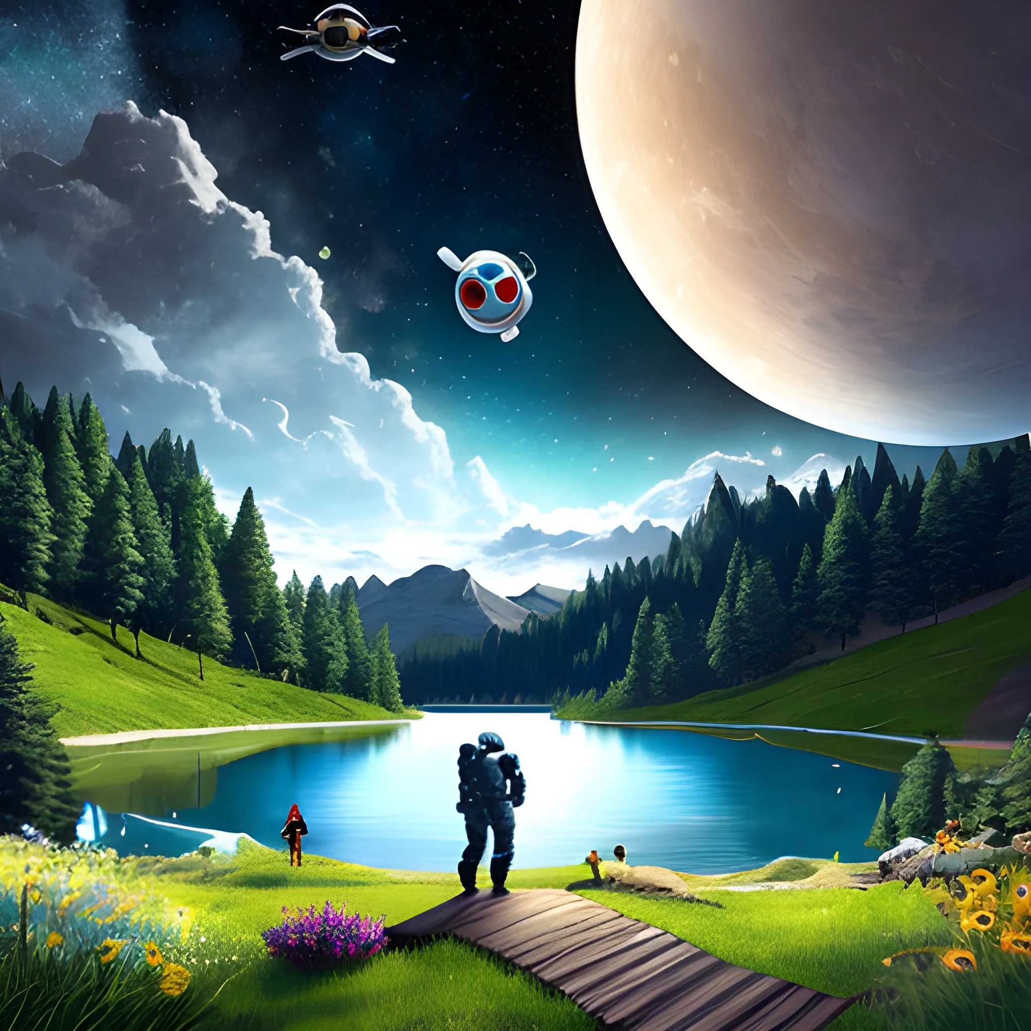 astronaut and many people happy in a nice landscape with a lake in the background, videogame style