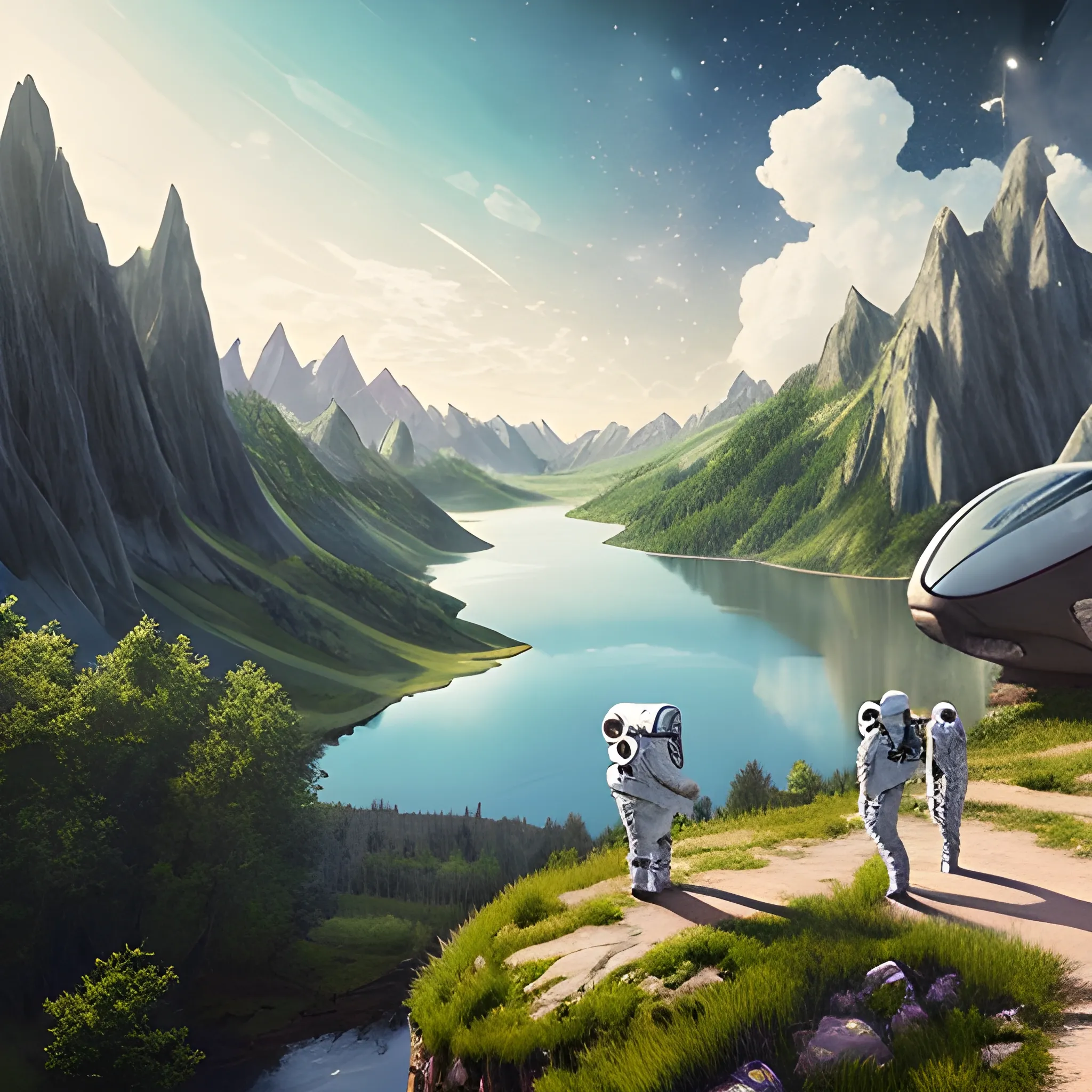 astronaut and many people happy in a nice landscape with a lake in the background, videogame style