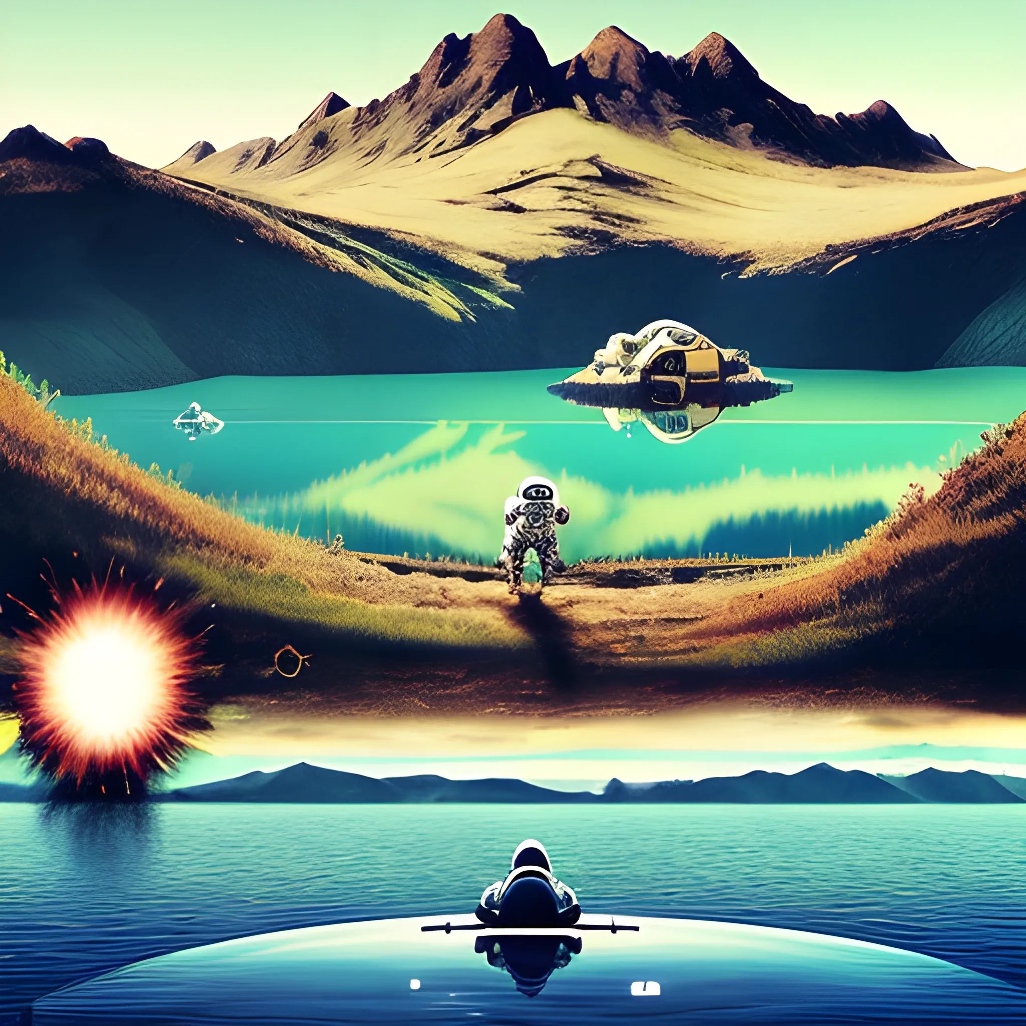 astronaut and many normal people happy in a nice landscape with a lake in the background, videogame style