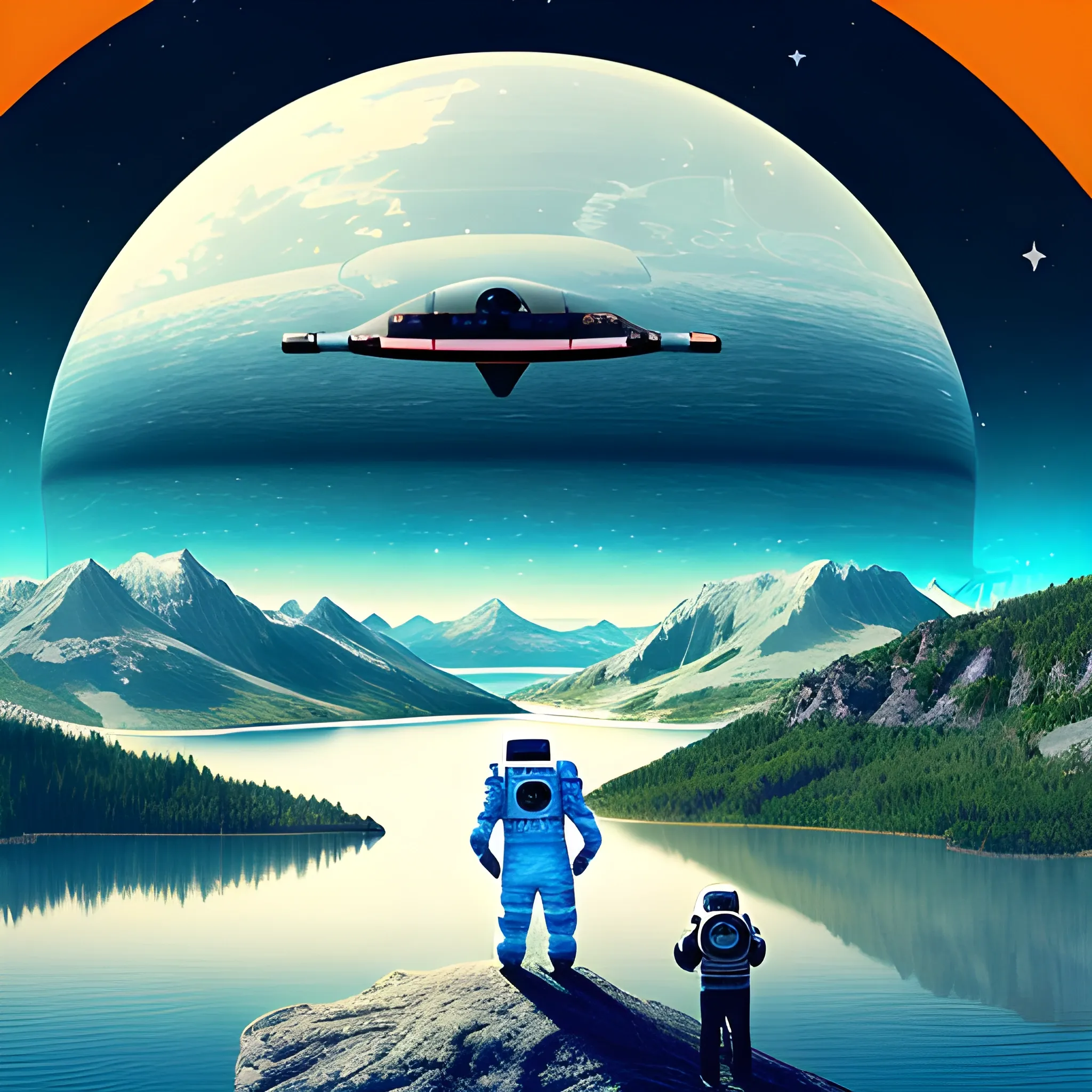 astronaut and many normal people happy in a nice landscape with a lake in the background, videogame style