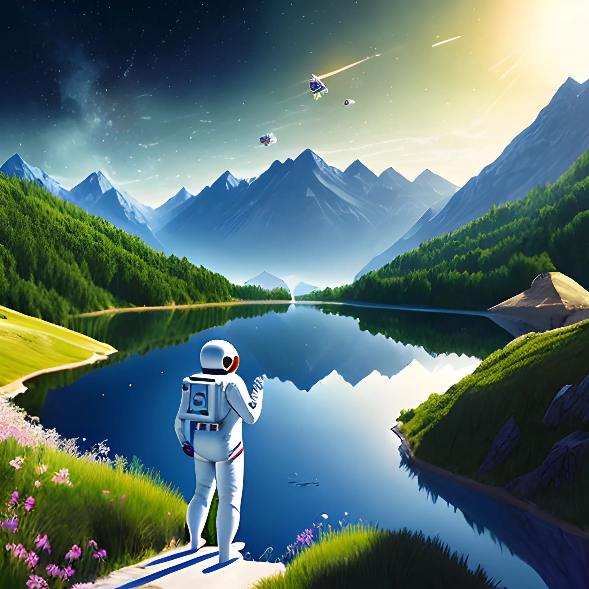 astronaut and many normal people happy in a nice landscape with a lake in the background, videogame style