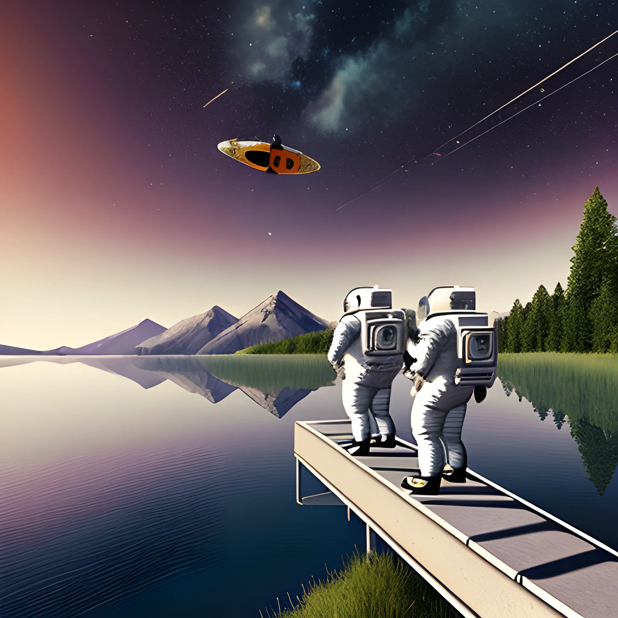 astronaut and many normal people happy in a nice landscape with a lake in the background, videogame style