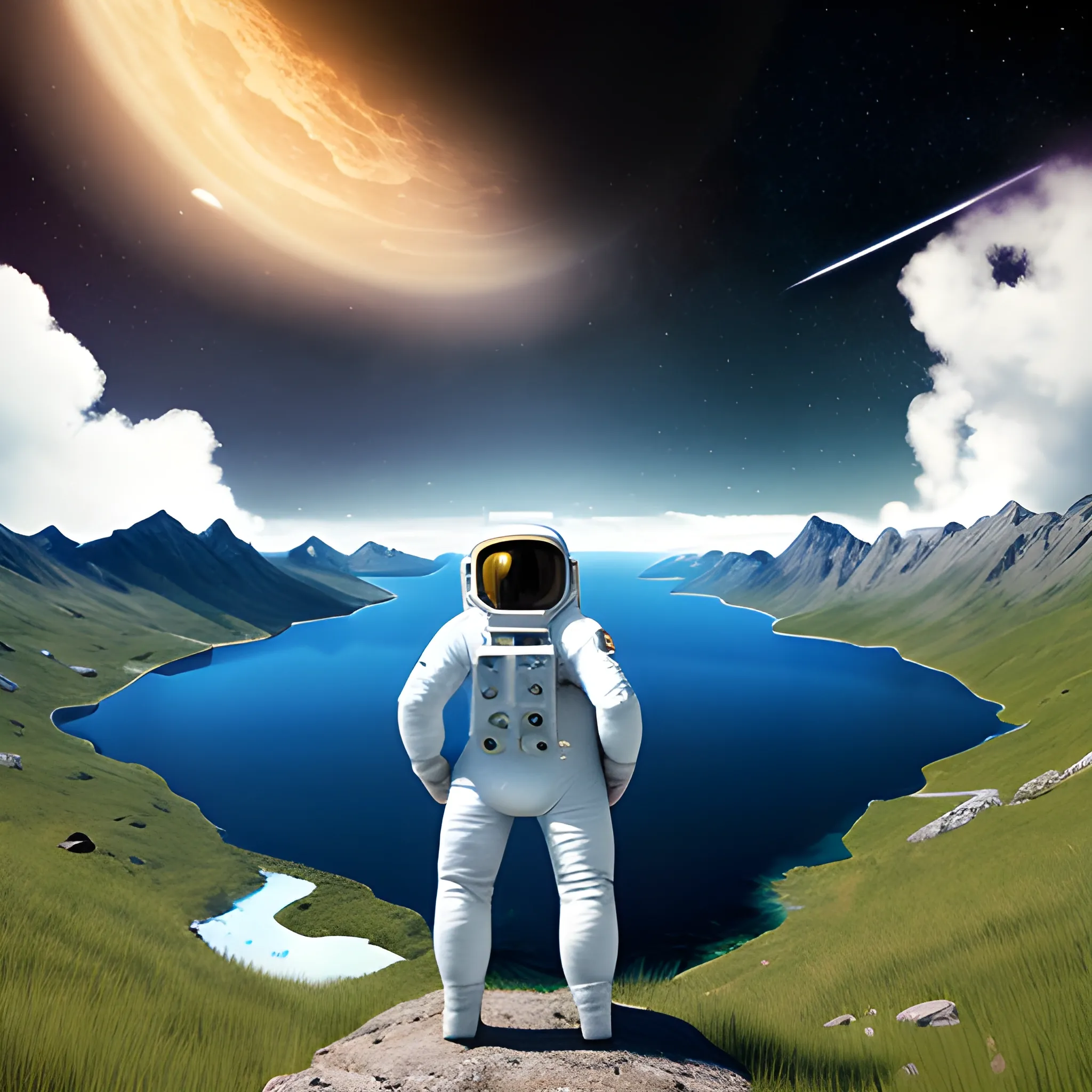 astronaut happy in a nice landscape with a lake in the background, videogame style