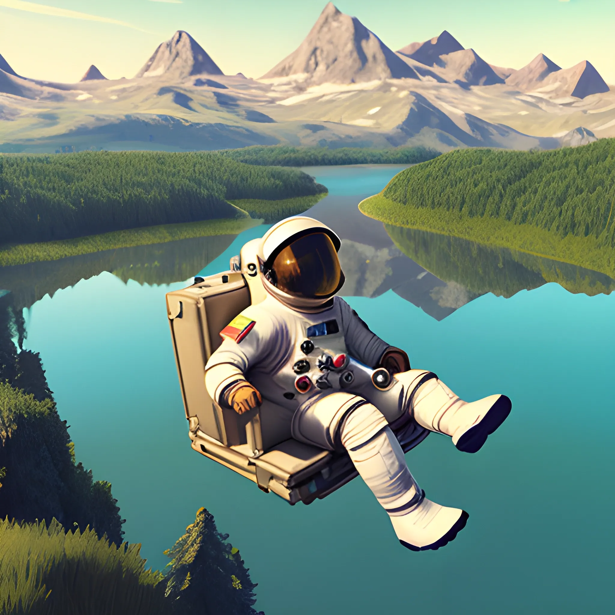 astronaut happy in a nice landscape with a lake in the background, videogame style