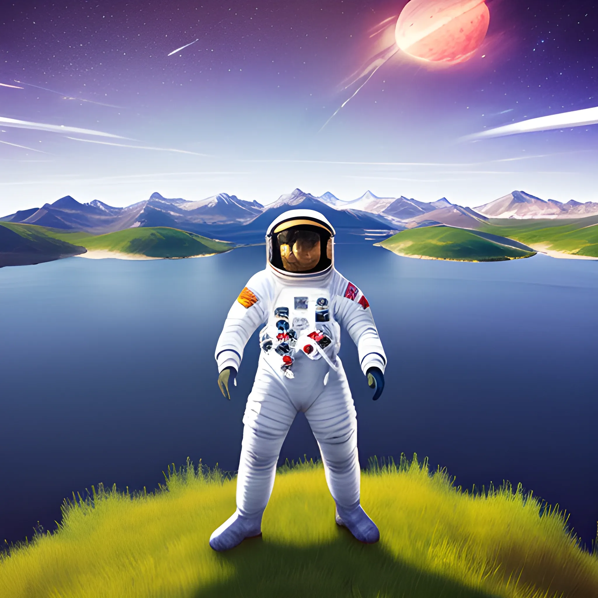 astronaut happy in a nice landscape with a lake in the background, videogame style