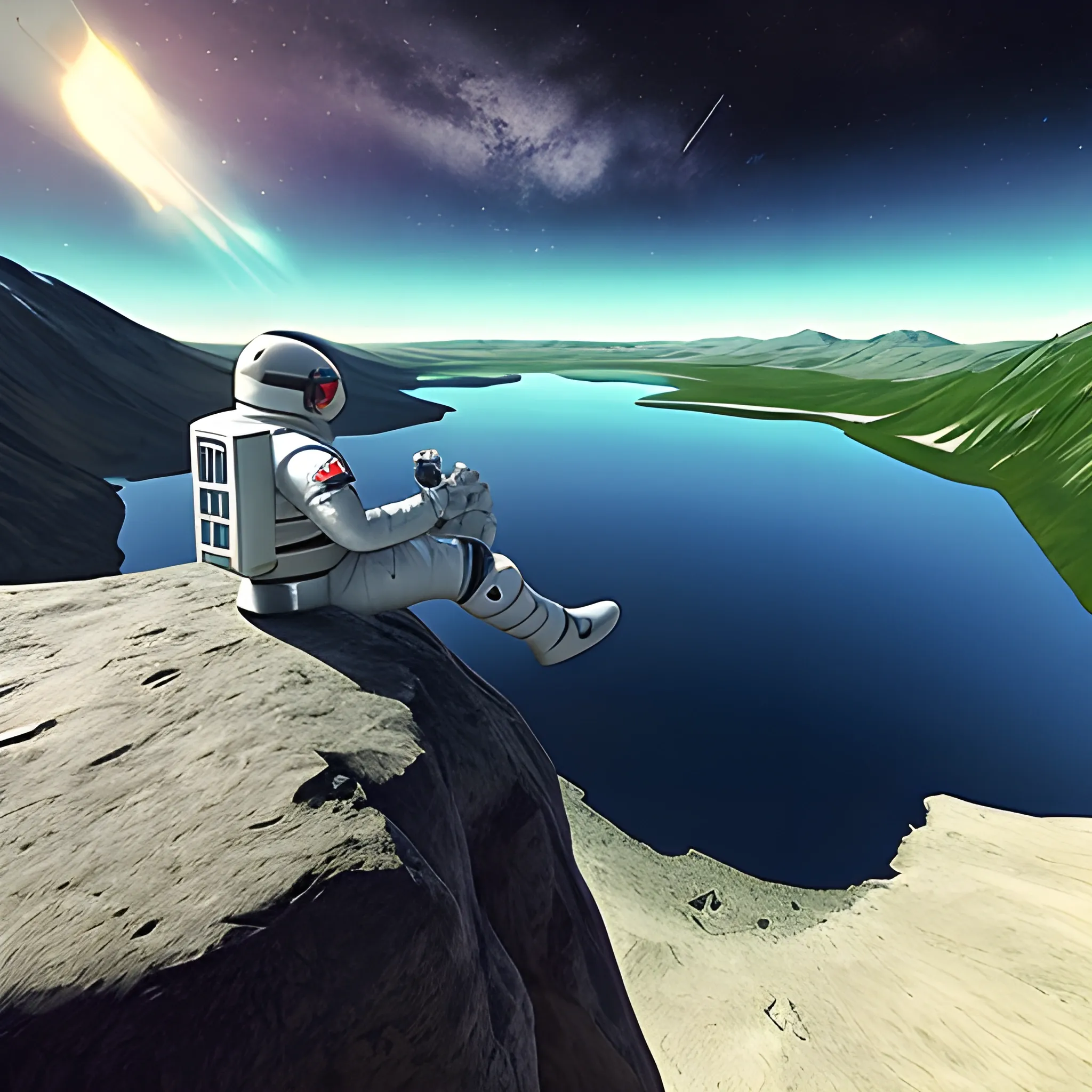 astronaut happy in a nice landscape with a lake in the background, videogame style